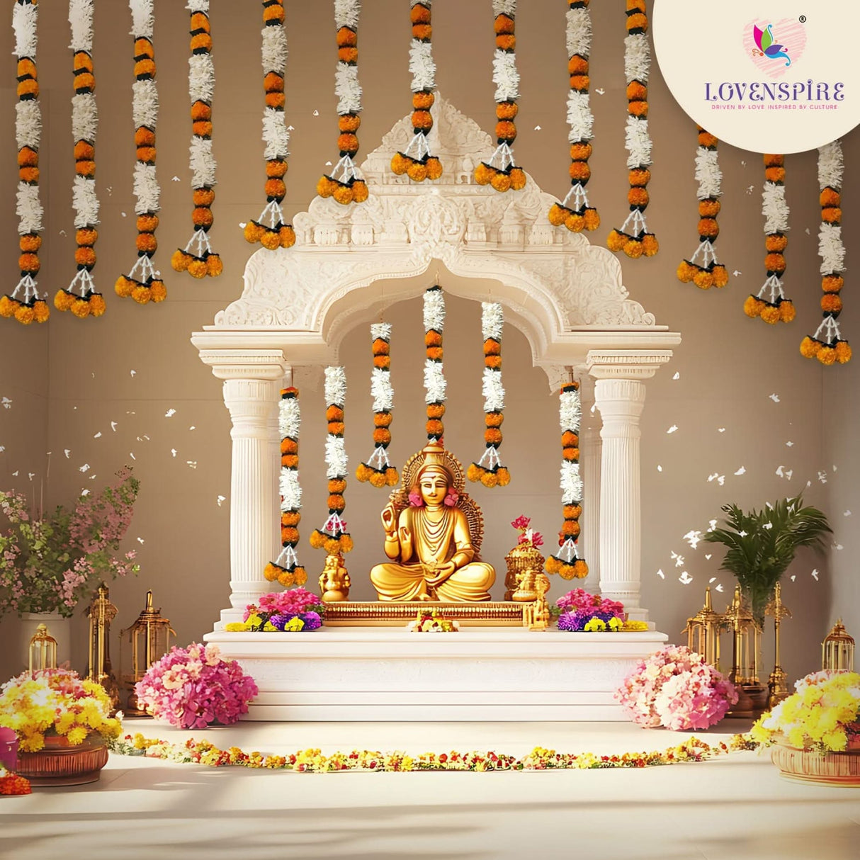 2 Strings Jasmine Marigold Garland for Decoration Artificial Marigold Flowers Puja Decorations Indian Décor for Pooja, Wedding, Events, Diwali, Halloween Decor (mango Color) - LoveNspire