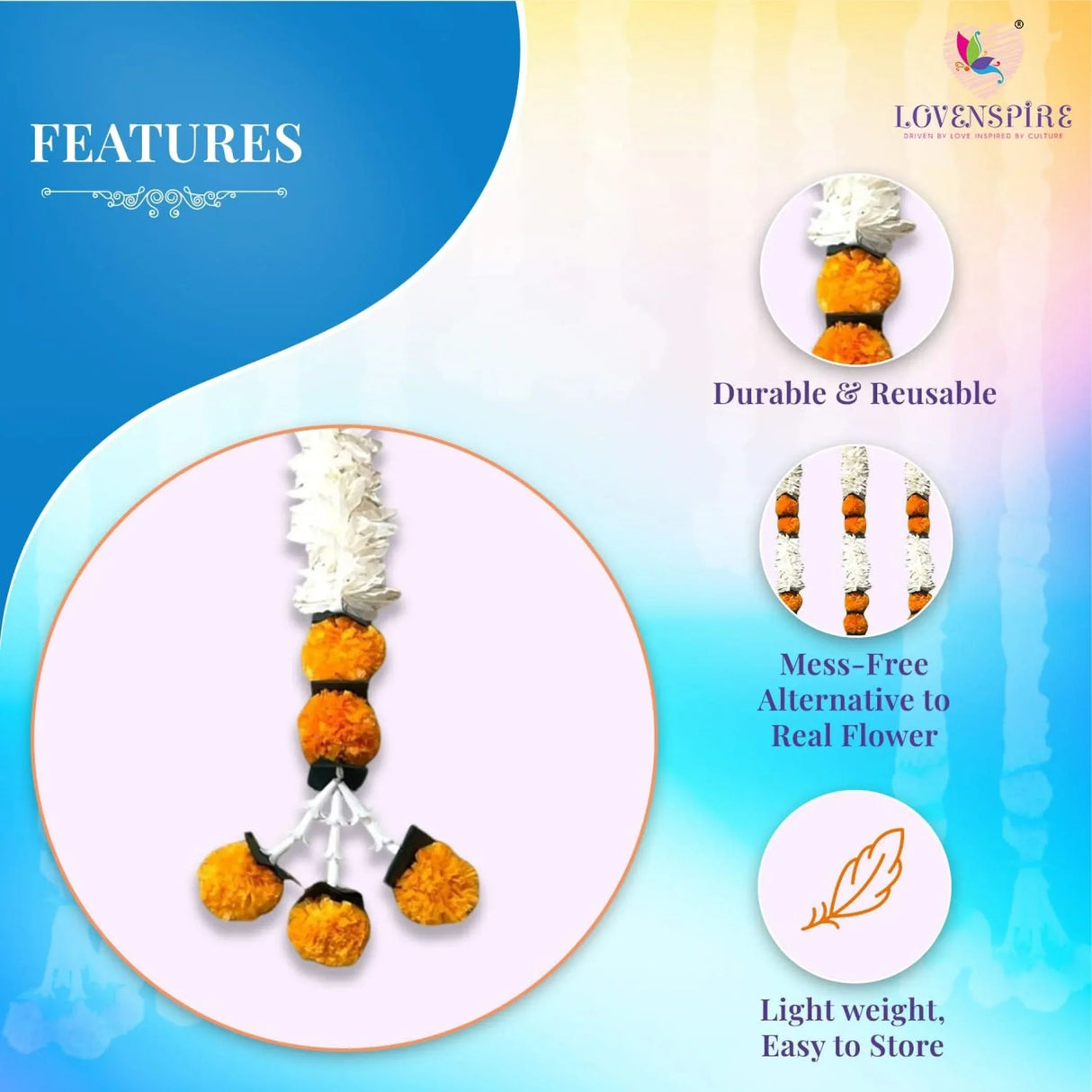 2 Strings Jasmine Marigold Garland for Decoration Artificial Marigold Flowers Puja Decorations Indian Décor for Pooja, Wedding, Events, Diwali, Halloween Decor (mango Color) - LoveNspire