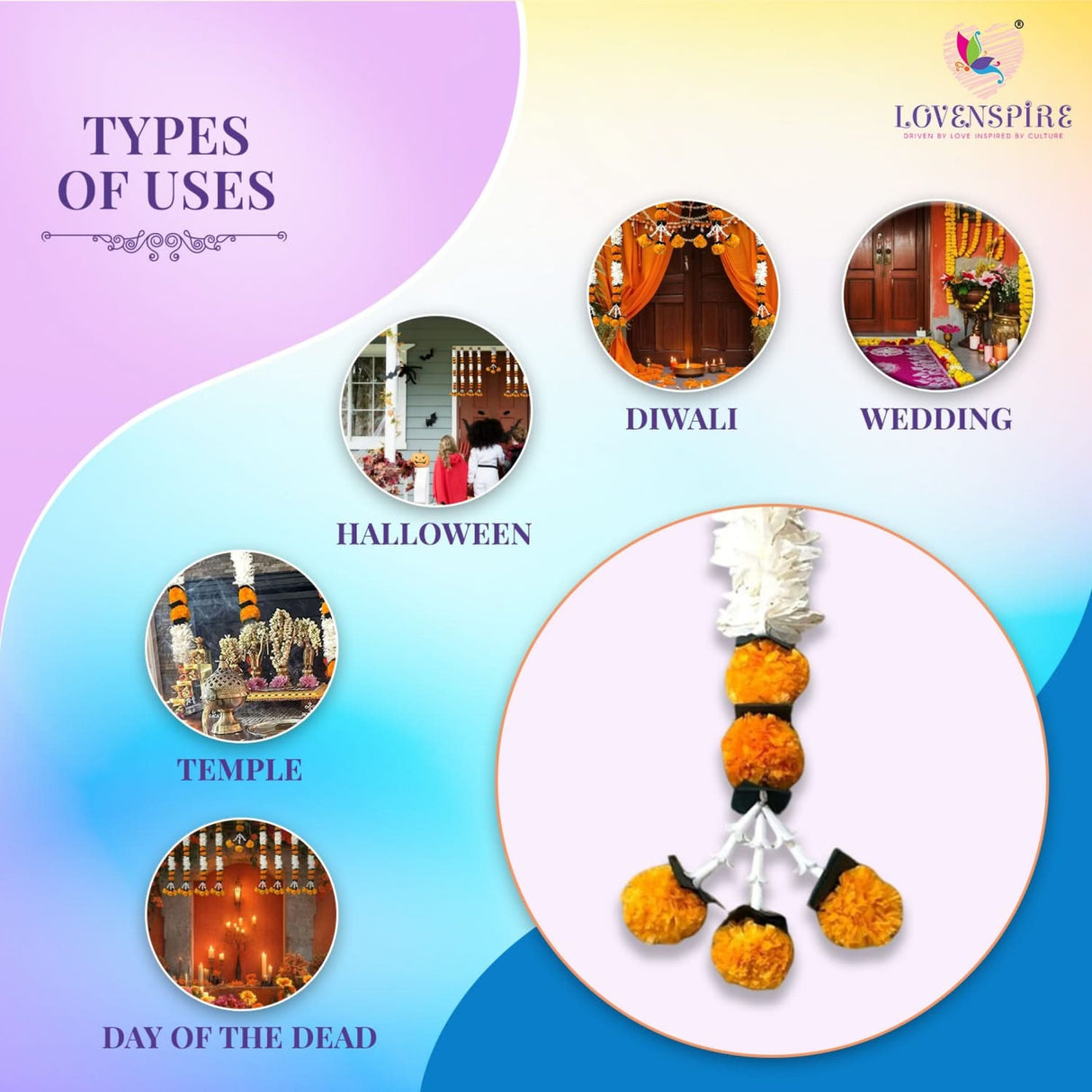 2 Strings Jasmine Marigold Garland for Decoration Artificial Marigold Flowers Puja Decorations Indian Décor for Pooja, Wedding, Events, Diwali, Halloween Decor (mango Color) - LoveNspire