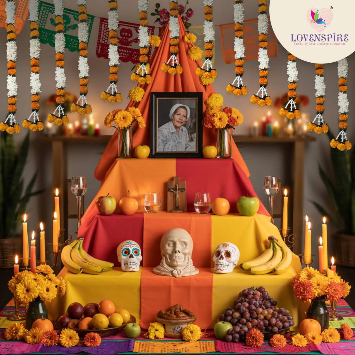 2 Strings Jasmine Marigold Garland for Decoration Artificial Marigold Flowers Puja Decorations Indian Décor for Pooja, Wedding, Events, Diwali, Halloween Decor (mango Color) - LoveNspire