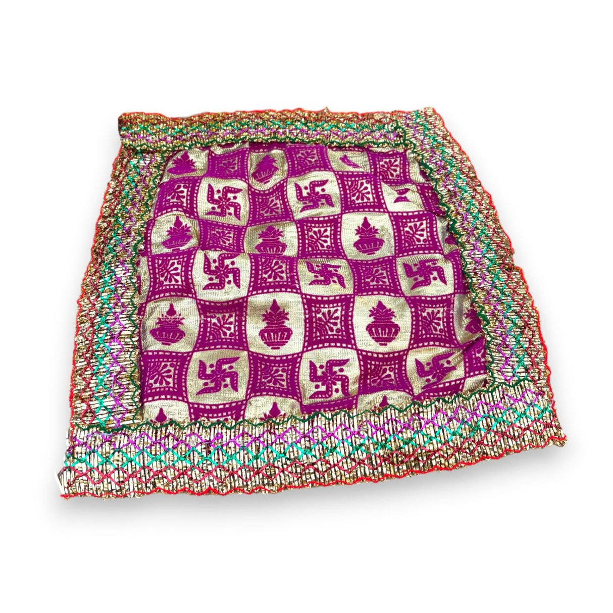 Cloth Pooja Mat Aasan Swastik Kalash Print Cloth for God Goddess Idol Puja Asan Mandir Temple Home Decor Base Chowki Asana Indian Festival Diwali Decoration Housewarming Gift Mata Ki Chunri - LoveNspire