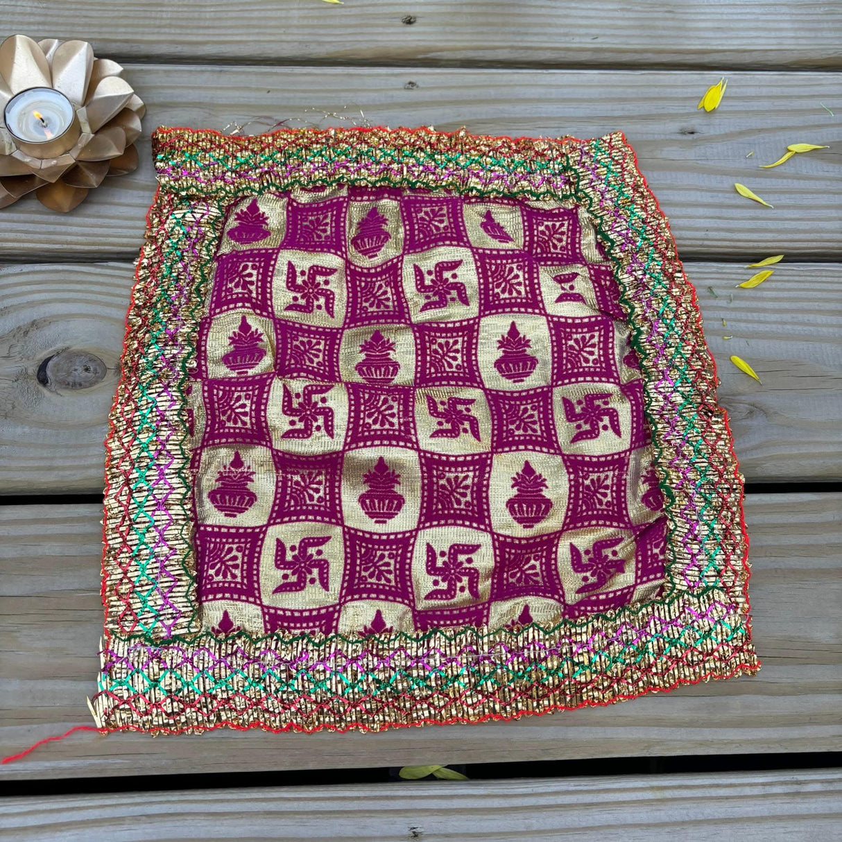 Cloth Pooja Mat Aasan Swastik Kalash Print Cloth for God Goddess Idol Puja Asan Mandir Temple Home Decor Base Chowki Asana Indian Festival Diwali Decoration Housewarming Gift Mata Ki Chunri - LoveNspire