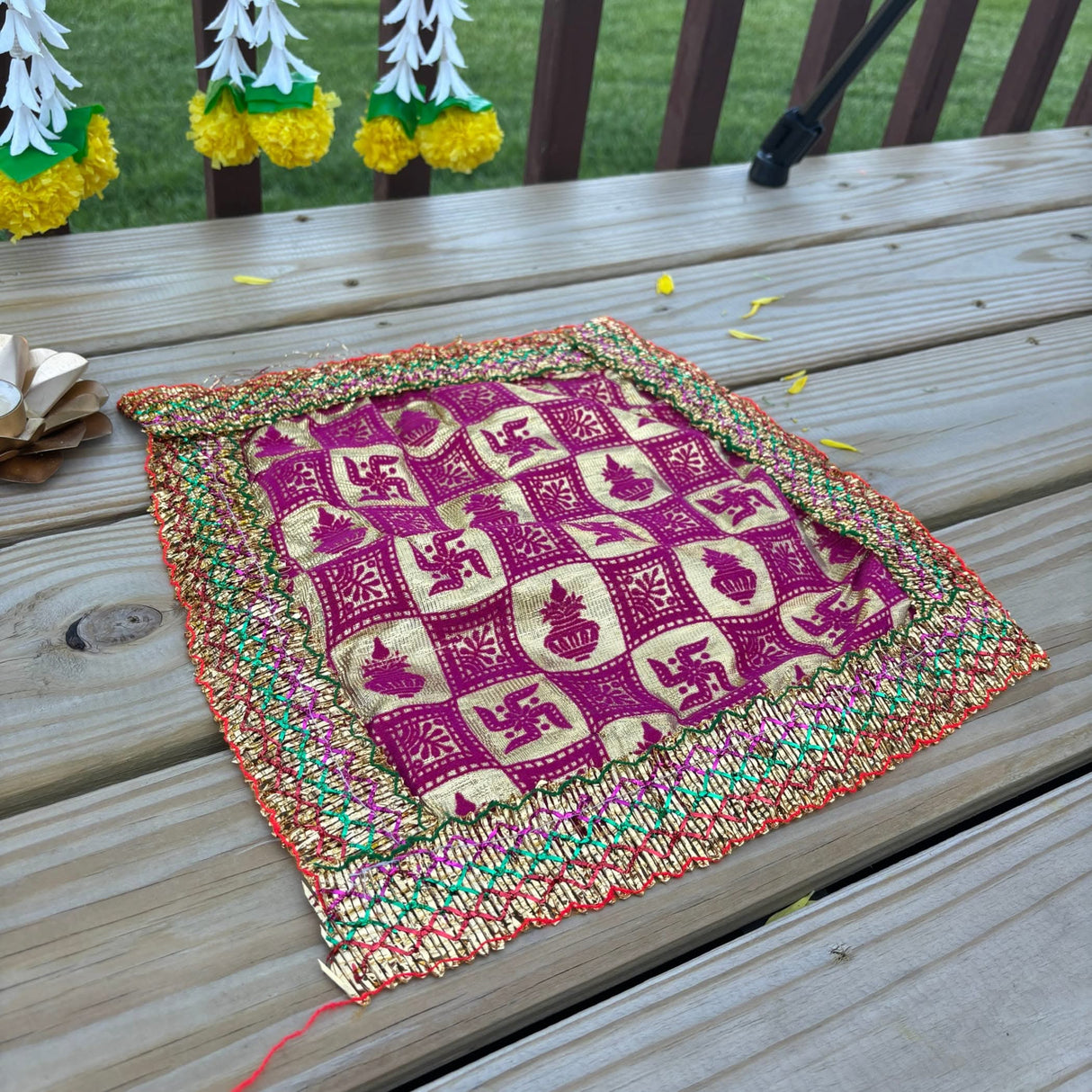 Cloth Pooja Mat Aasan Swastik Kalash Print Cloth for God Goddess Idol Puja Asan Mandir Temple Home Decor Base Chowki Asana Indian Festival Diwali Decoration Housewarming Gift Mata Ki Chunri - LoveNspire