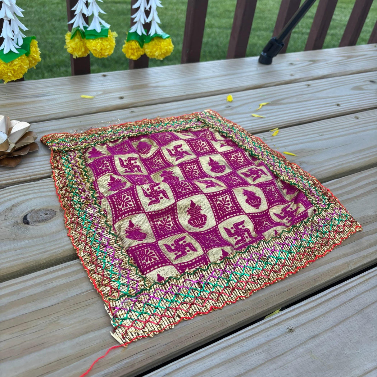 Cloth Pooja Mat Aasan Swastik Kalash Print Cloth for God Goddess Idol Puja Asan Mandir Temple Home Decor Base Chowki Asana Indian Festival Diwali Decoration Housewarming Gift Mata Ki Chunri - LoveNspire