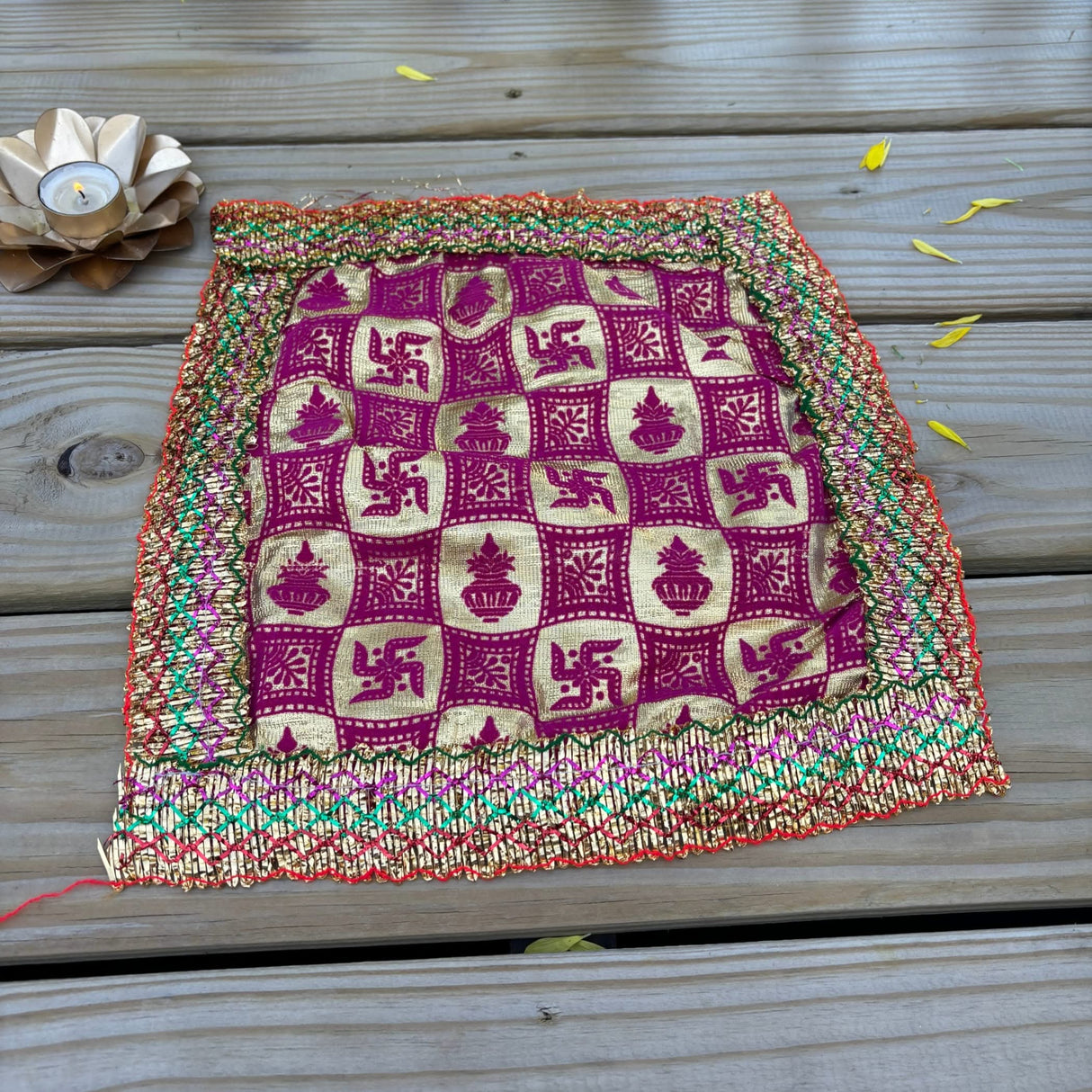 Cloth Pooja Mat Aasan Swastik Kalash Print Cloth for God Goddess Idol Puja Asan Mandir Temple Home Decor Base Chowki Asana Indian Festival Diwali Decoration Housewarming Gift Mata Ki Chunri - LoveNspire