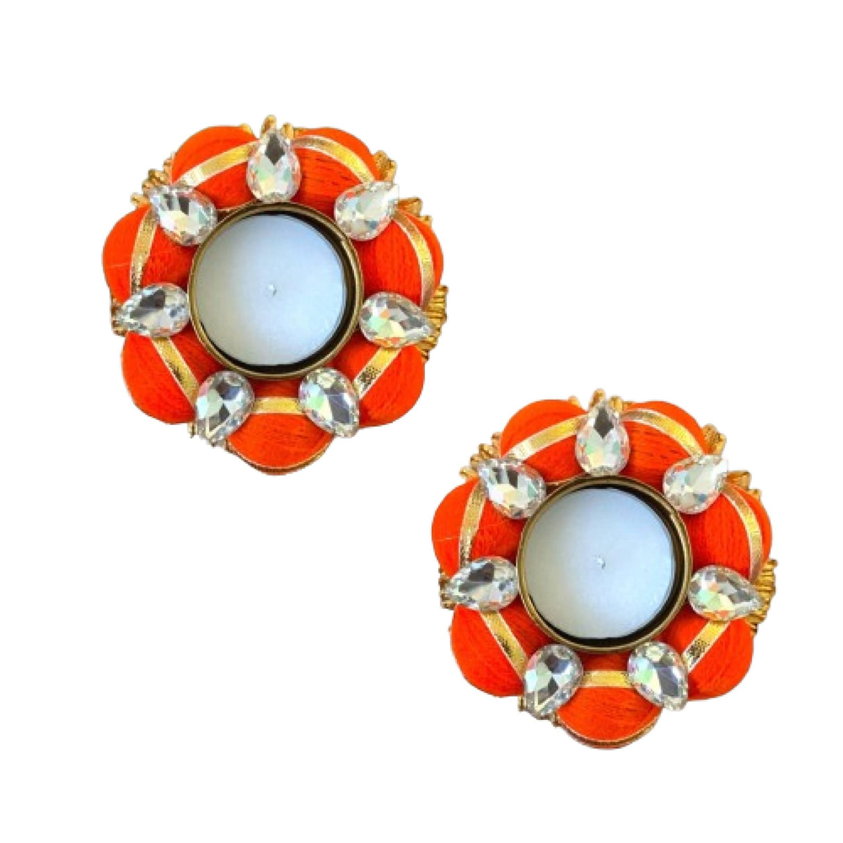 Orange and crystal earrings displayed with Tea Light Candle Holders for home decor