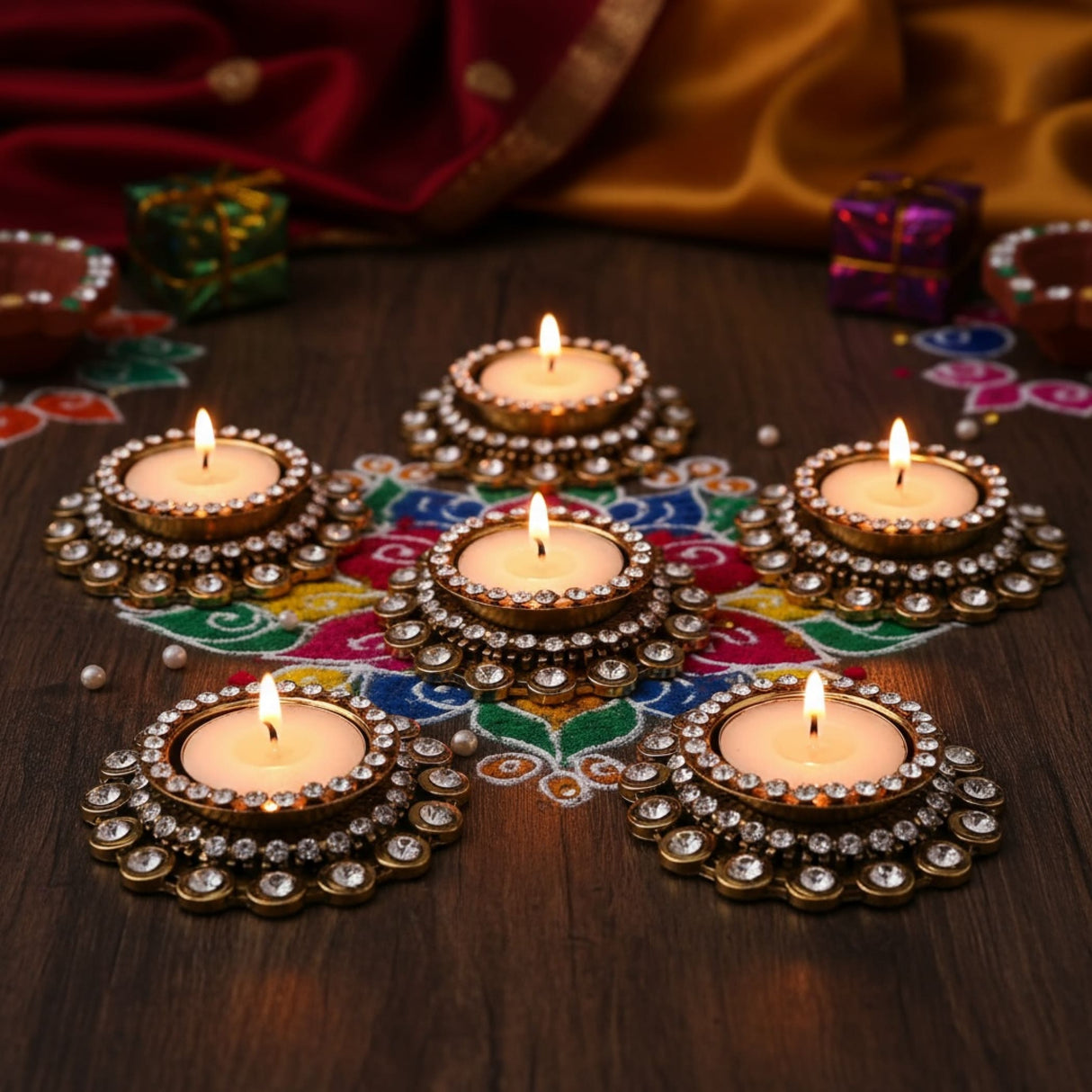 Six decorative tealight candle holders arranged on a colorful rangoli for festive decor