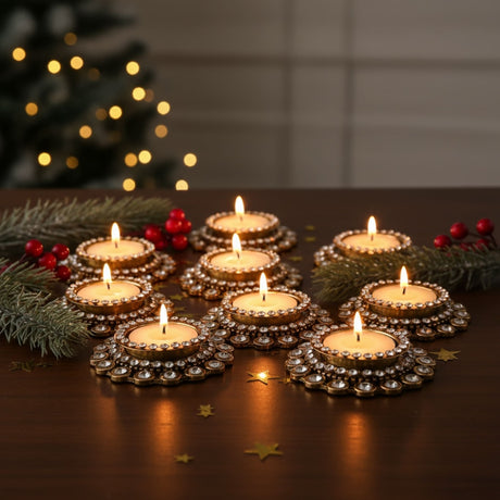 Decorative tealight candle holders with lit candles for festive home decor and celebrations
