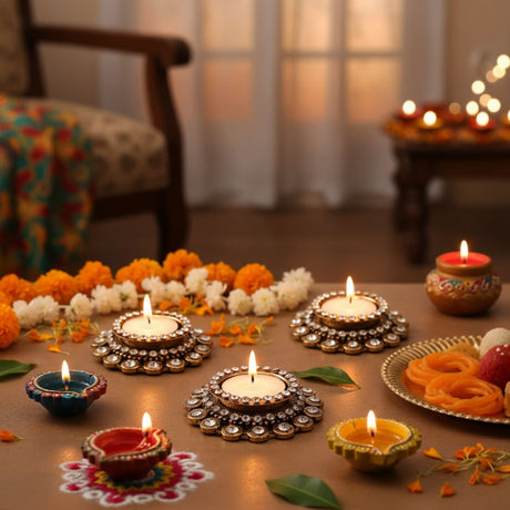 Decorative candles and oil lamps with floral garlands for Diwali Navratri and festive decor