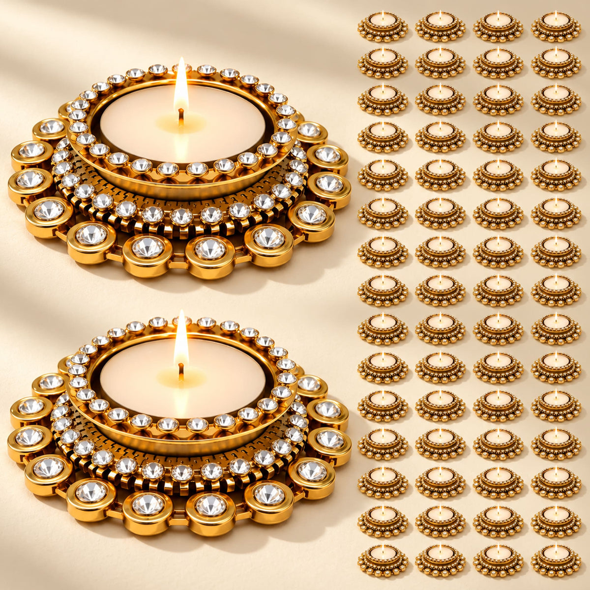 Gold-colored tea light candle holder diya with clear crystal embellishments and white candle for Diwali home decor