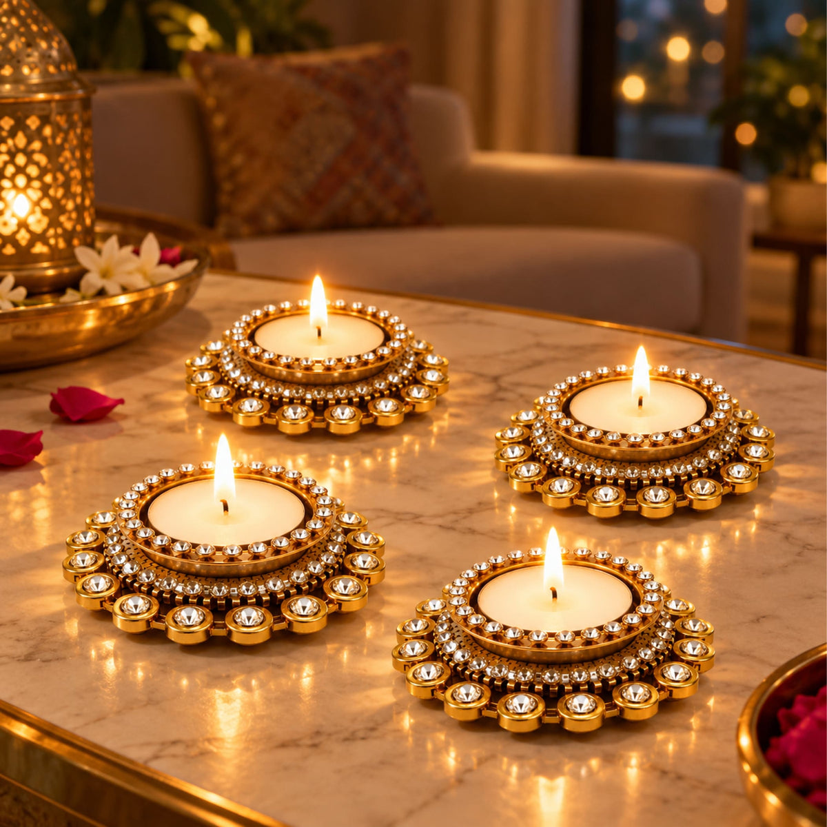 Golden tea light candle holders adorned with sparkling crystals and intricate detailing for diwali and pooja decor