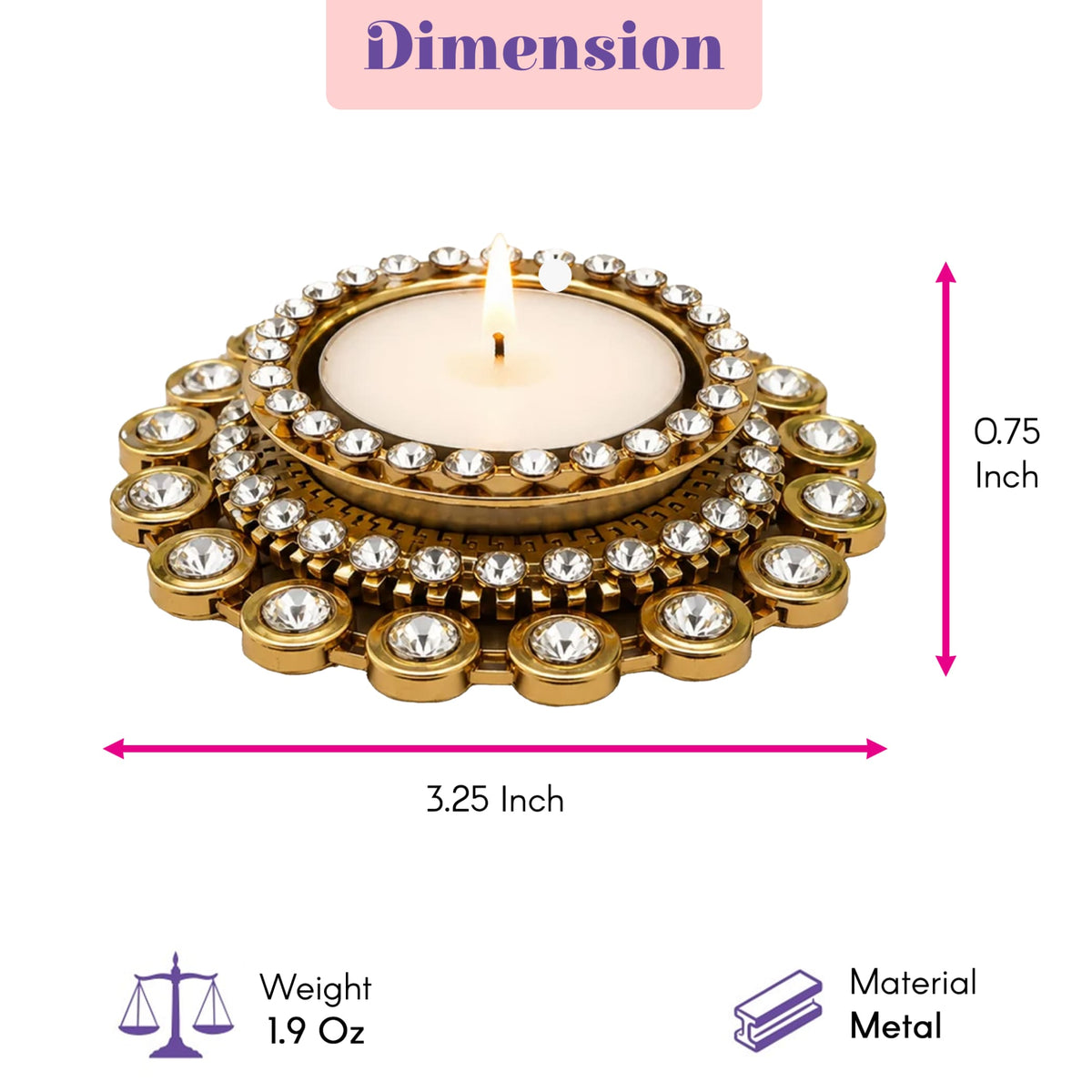 Gold-colored metal tea light candle holder adorned with clear rhinestones for diwali and pooja home decor
