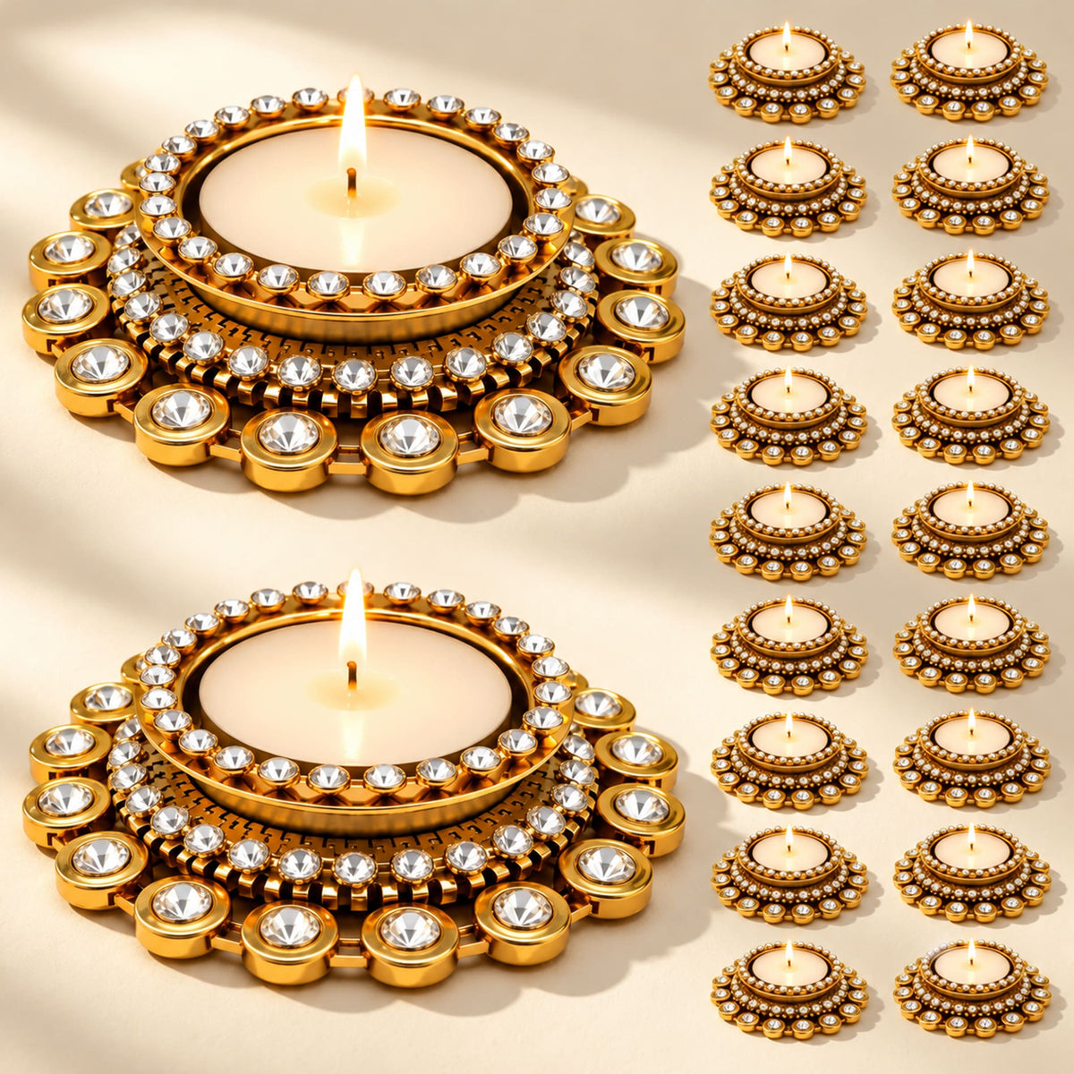 Gold-colored ornate diya tea light candle holders with clear crystals and intricate metalwork for Diwali and festive decor