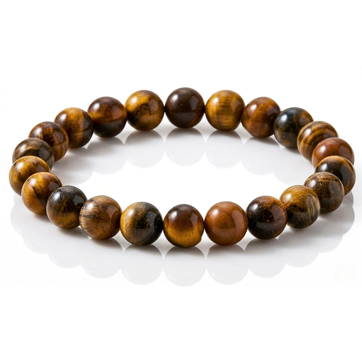 A smooth round tiger eye bracelet with polished golden brown and dark brown striped natural stone beads for meditation