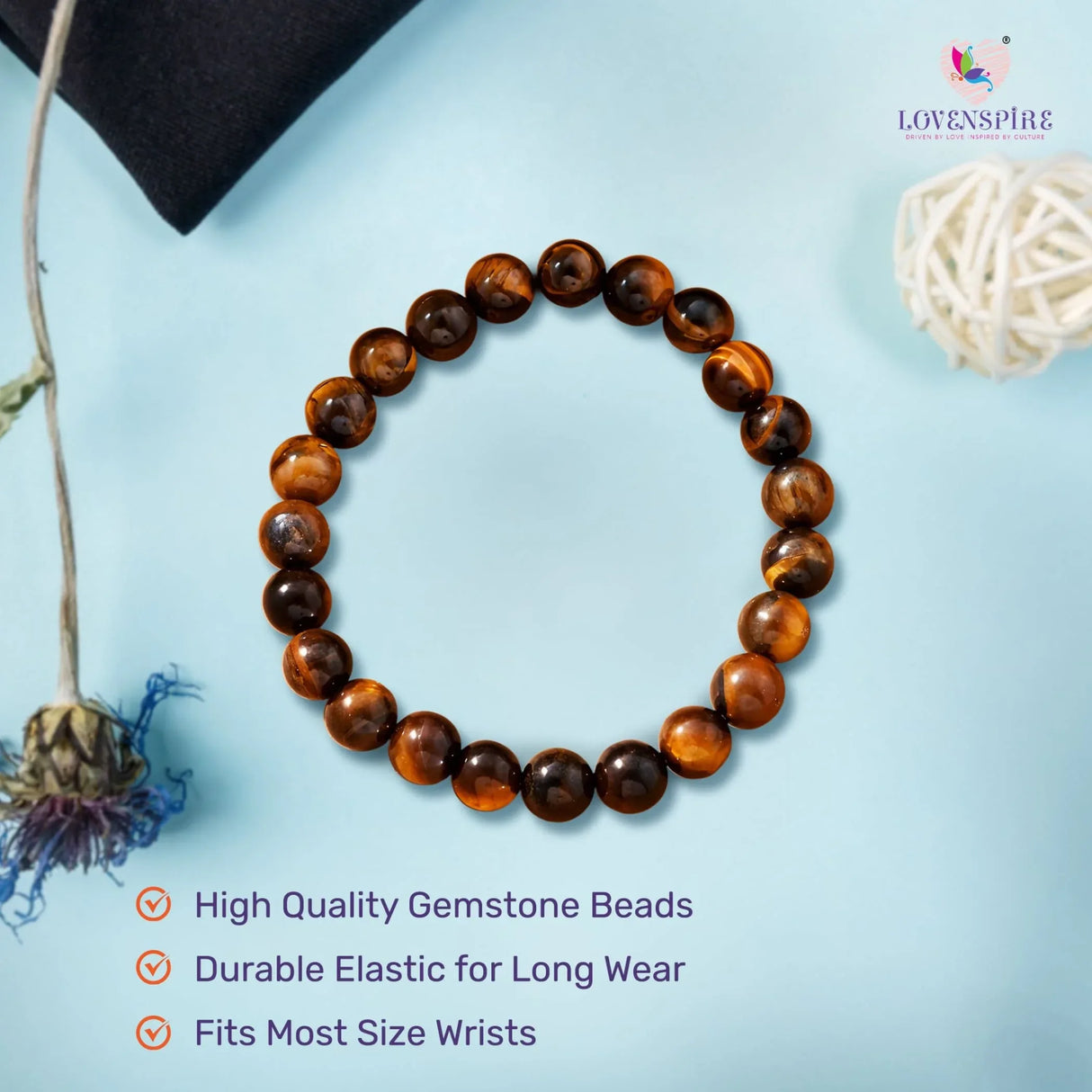 Tiger Eye Bracelet for Men Women Stretch Beaded Elastic Bracelet 8mm Round Beads Natural Stone Crystal Reiki Healing Gemstone - Handmade Natural Stone Bead Bracelet for Yoga Meditation - LoveNspire