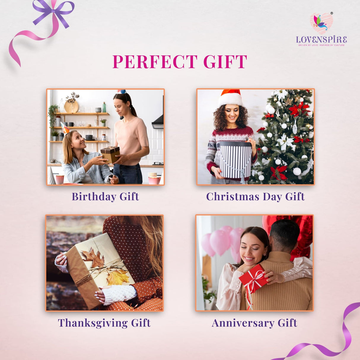 Collage of gift-giving occasions featuring Seven Chakra Tiger’s Eye Bracelets