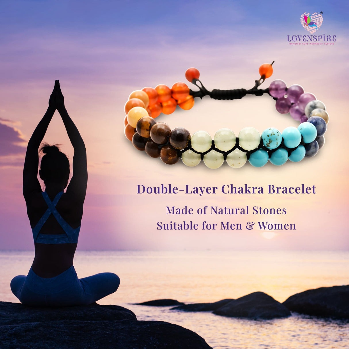 Double-layer chakra bracelet with natural stones for meditation and healing purposes