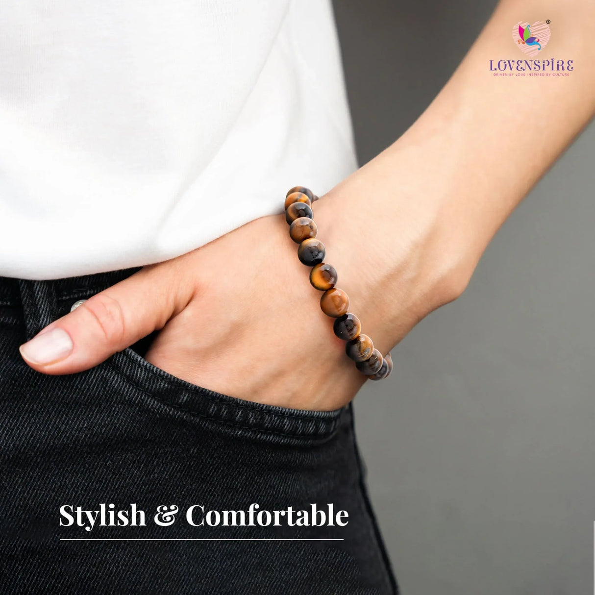 Tiger Eye Bracelet for Men Women Stretch Beaded Elastic Bracelet 8mm Round Beads Natural Stone Crystal Reiki Healing Gemstone - Handmade Natural Stone Bead Bracelet for Yoga Meditation - LoveNspire