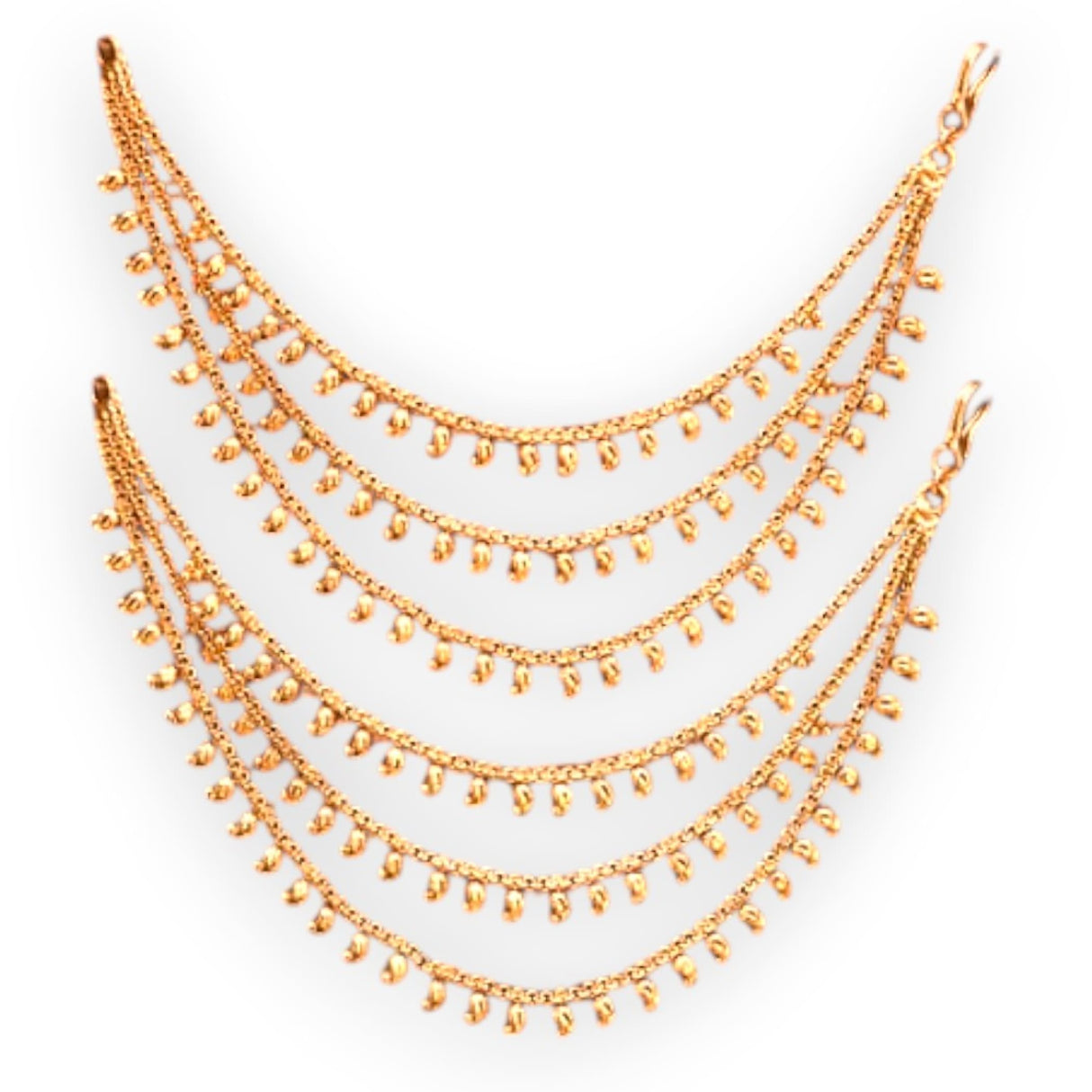 Gold-toned beaded ear chains from Indian traditional jewelry with triple layer design