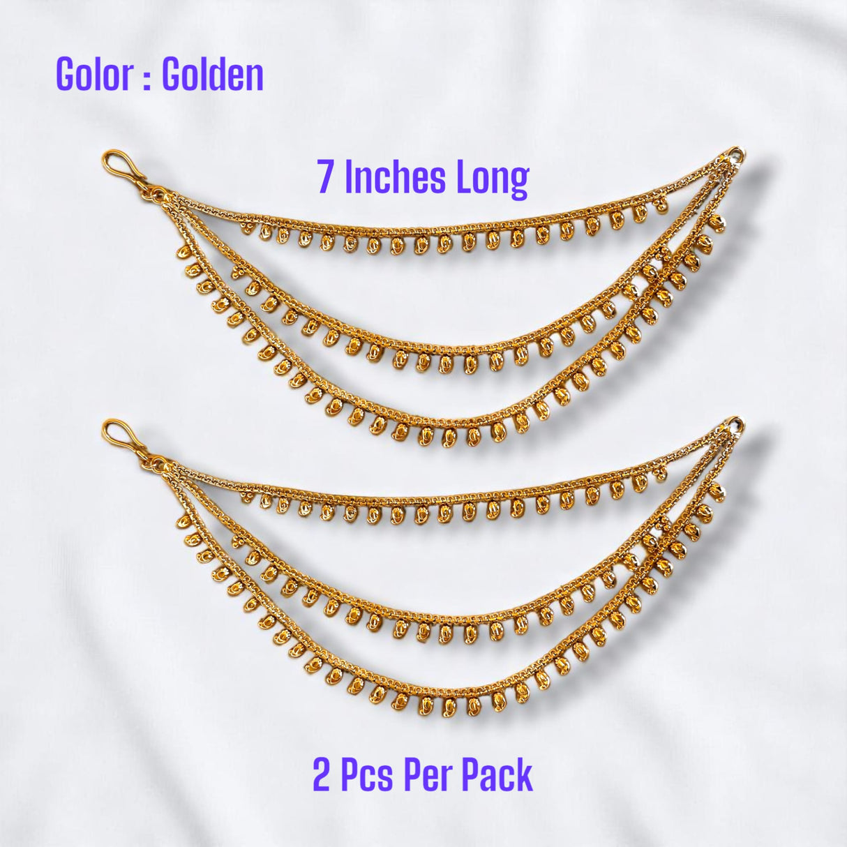 Golden three-strand beaded hair chains from Indian jewelry collection for women and weddings