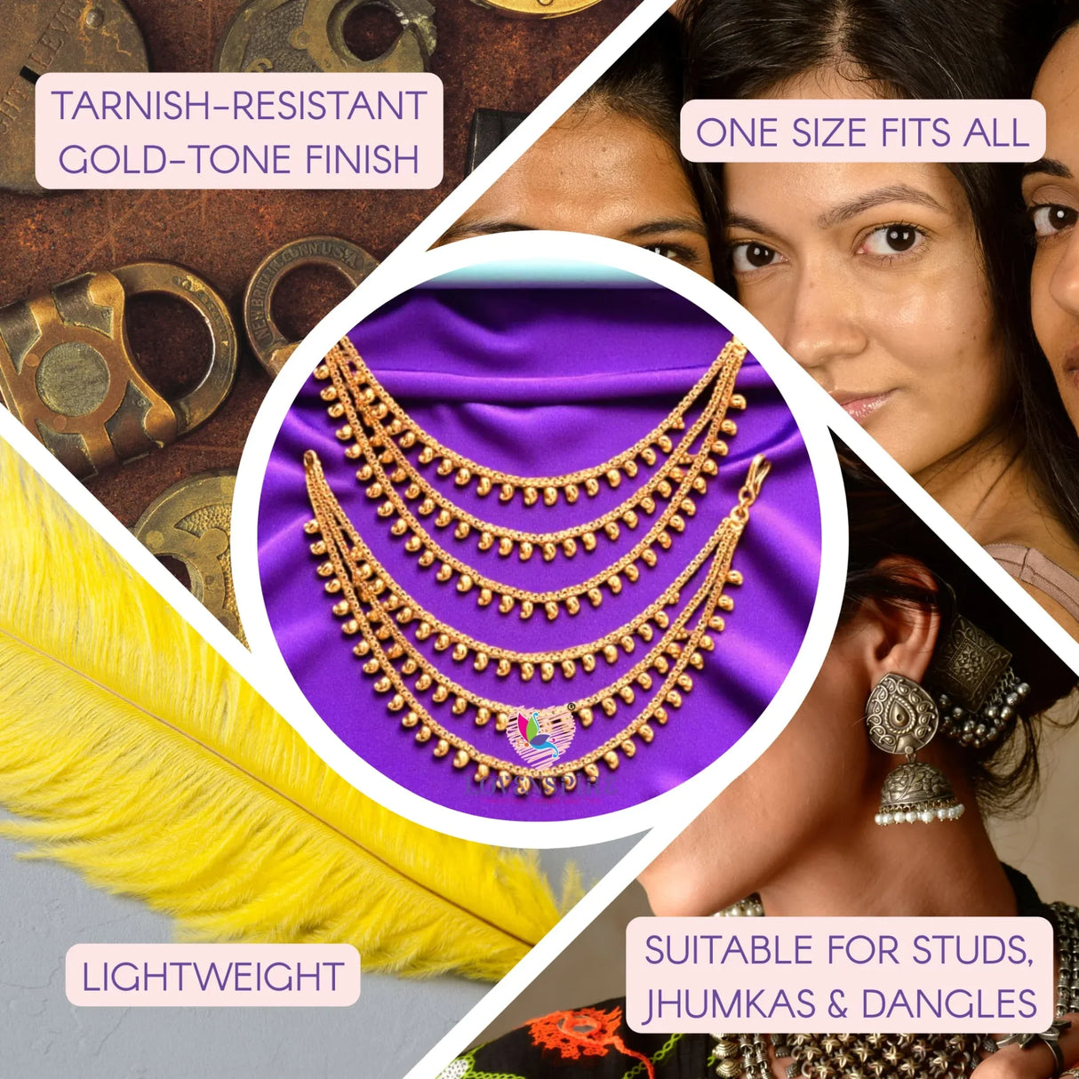 Ear Chains Indian Traditional Jewelry Triple Layer Earrings Connector for Women Mother Dangle Chain Jewellery Hair Accessory Gold Plated Indian Wedding Bollywood - Gift for Her (7 Inch) - LoveNspire