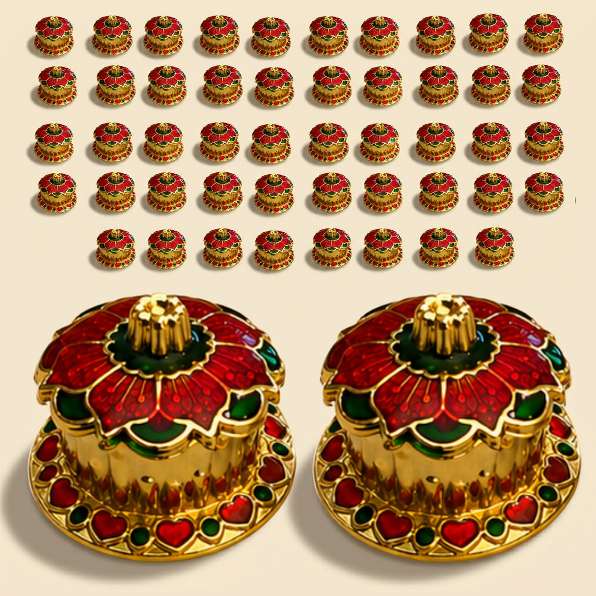 Golden flower-shaped traditional floral red haldi kumkum holder with red and green enamel for pooja and indian gifts