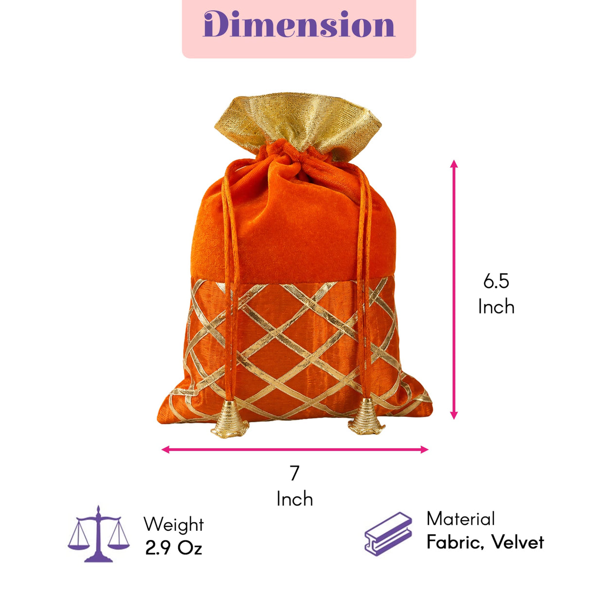 Orangish red velvet potli bag with gold gota patti lattice pattern and matching golden drawstring tie for festive use