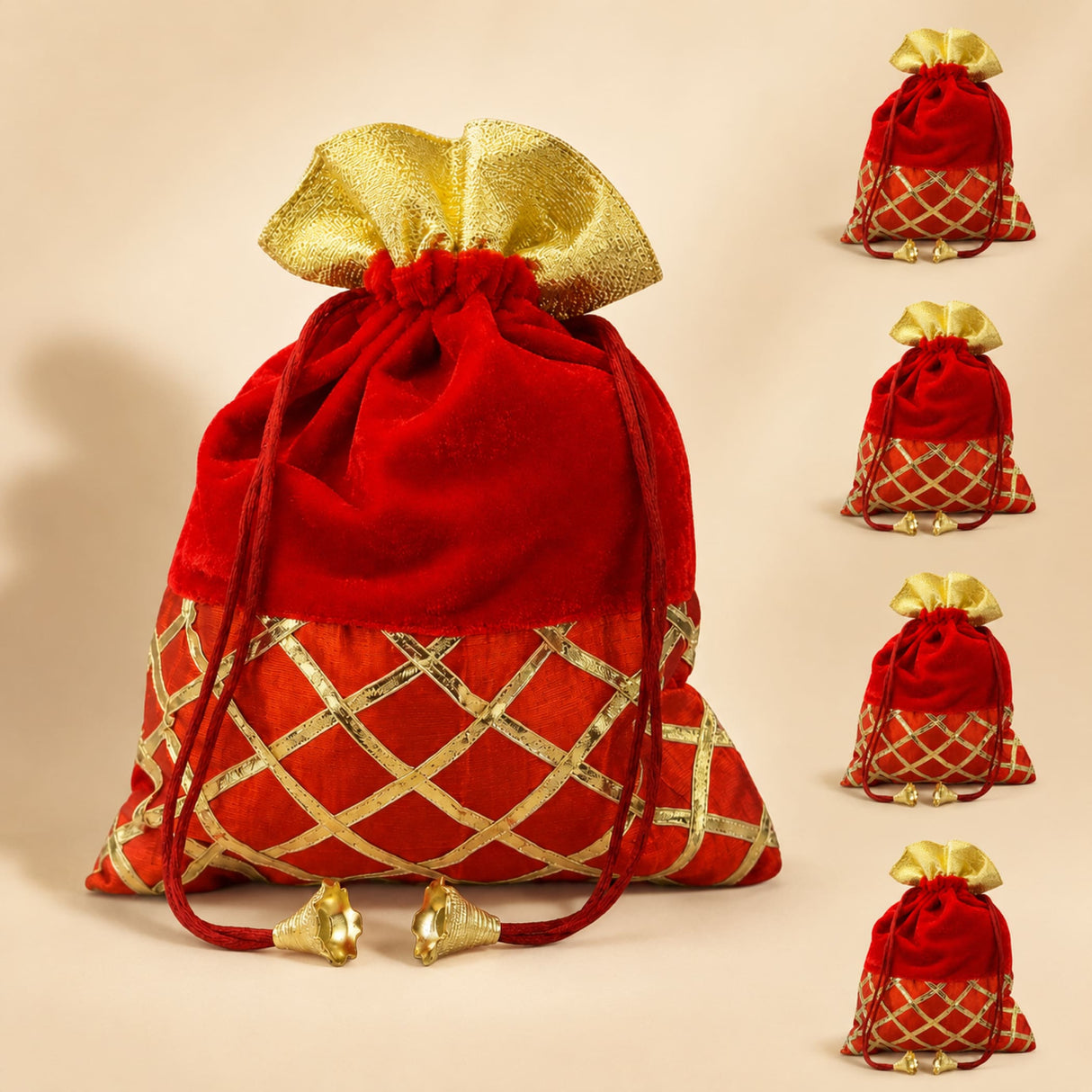 Red velvet drawstring potli bag with gold metallic lattice embroidery and satin bow for festive Indian occasions
