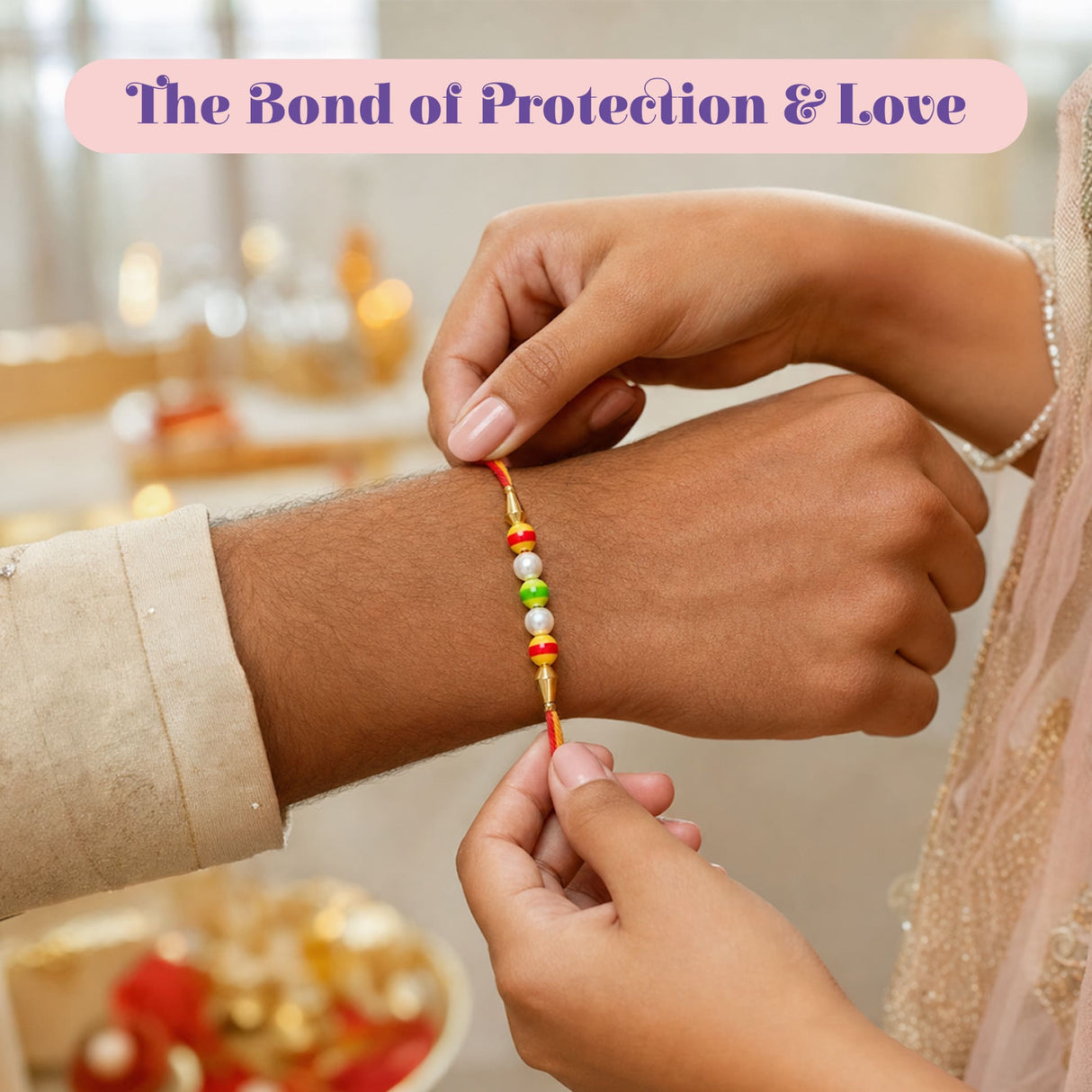 A vibrant orange and gold traditional floral pearl bhai bhabhi rakhi bracelet with white pearls and colorful beads
