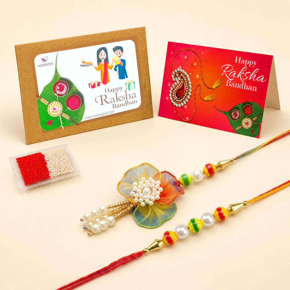 A vibrant multicolored traditional floral pearl rakhi with sheer fabric flowers for Raksha Bandhan gift set