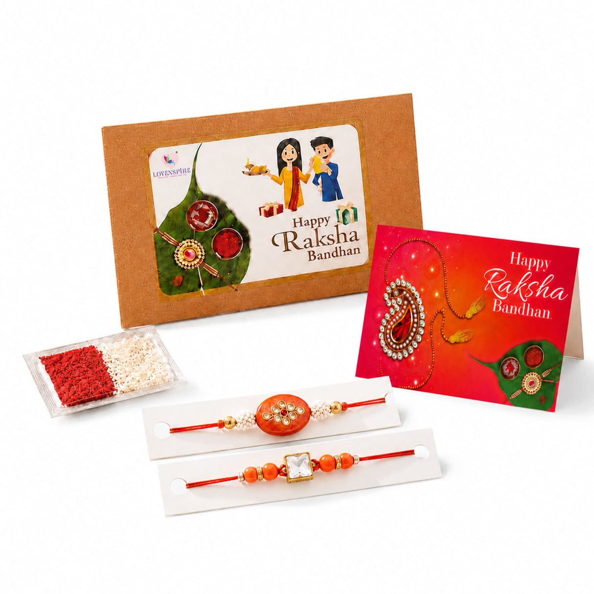 Traditional lumba rakhi set featuring an orange beaded rakhi with a central ornate circular pendant and gold-tone accents