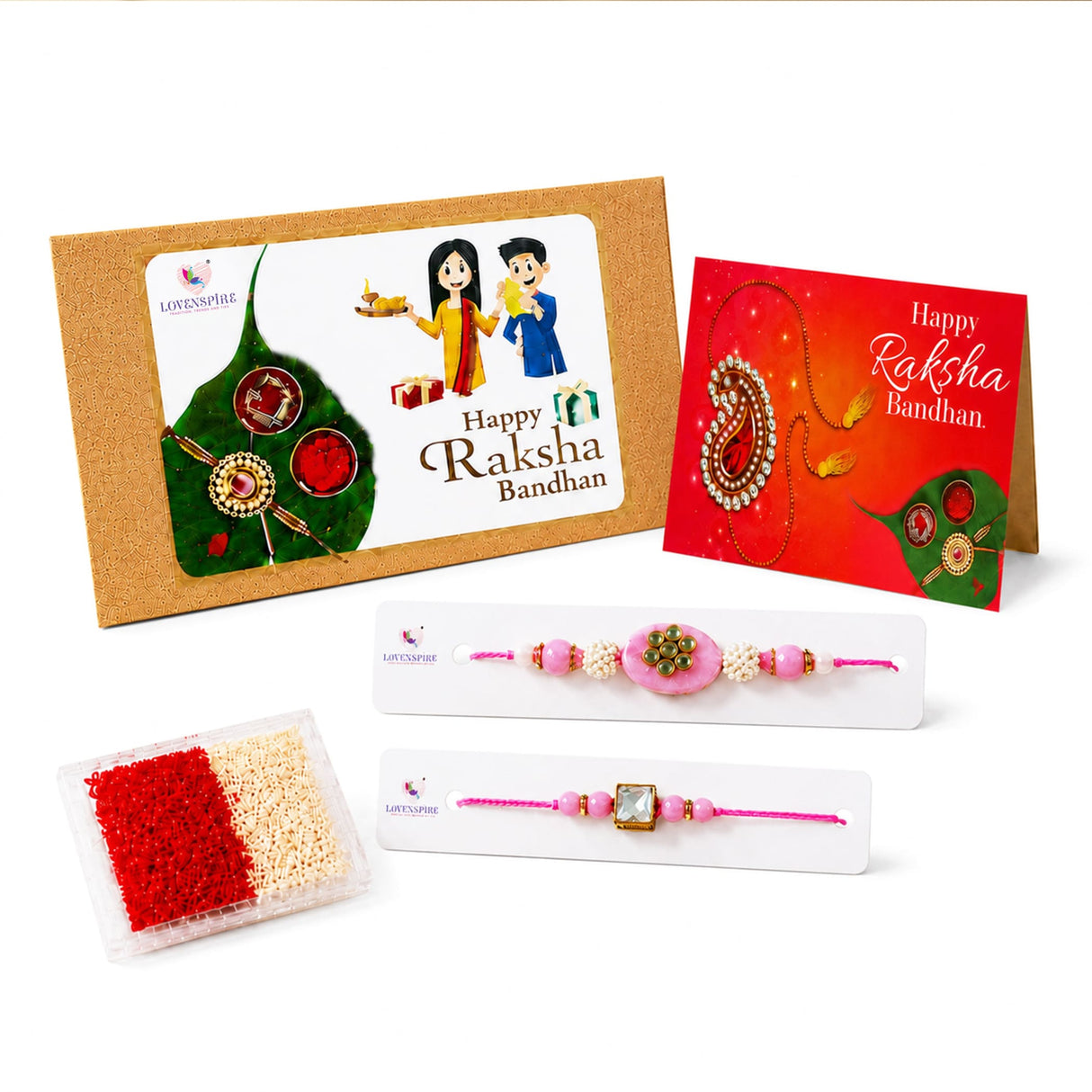 Traditional lumba rakhi set featuring a pink beaded rakhi with floral embellishment and gold-toned accents for raksha bandhan