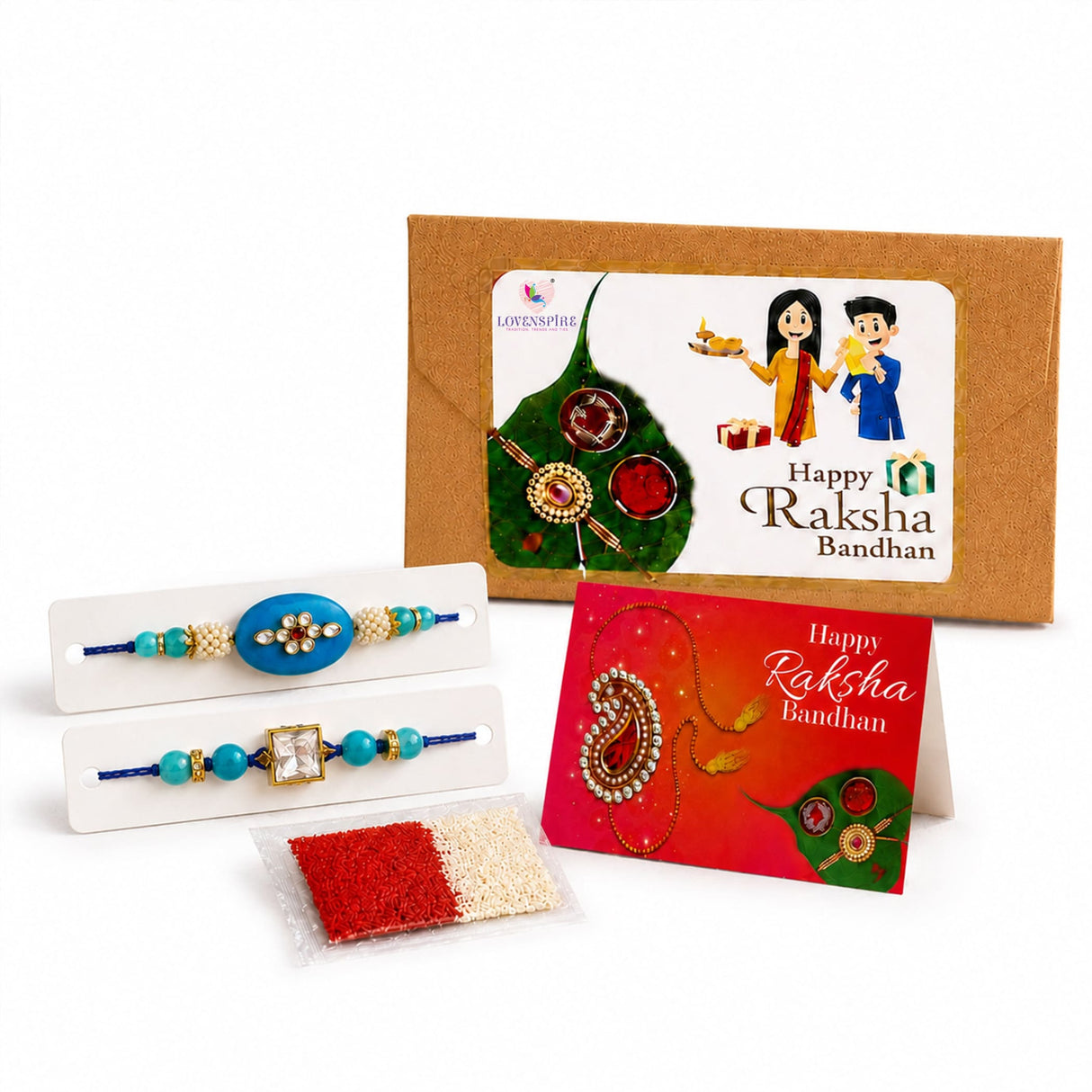 Traditional lumba rakhi set featuring a blue beaded bracelet with a turquoise pendant and white pearls for raksha bandhan