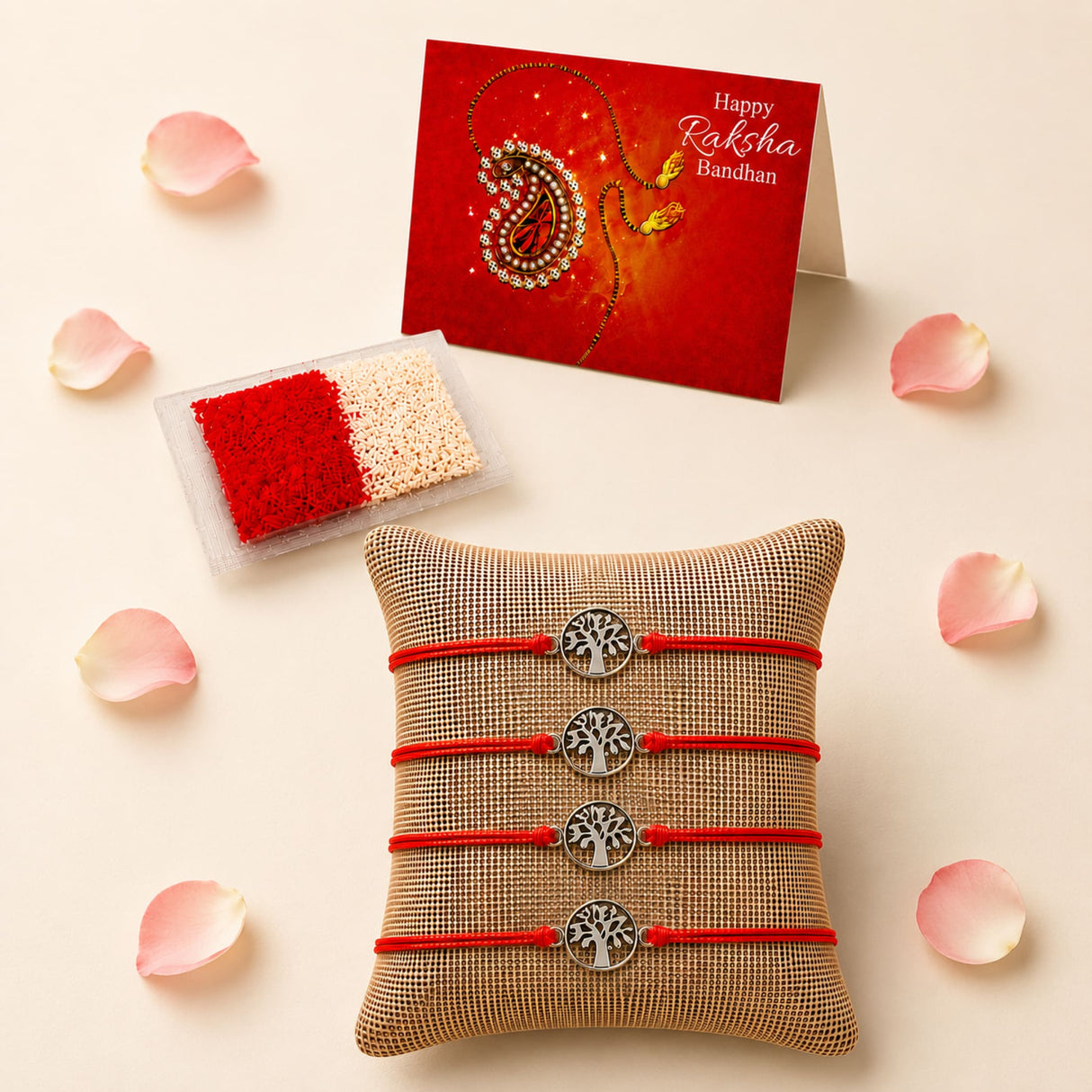 Four red cord rakhi bracelets with silver tree of life charms on a textured burlap pillow for raksha bandhan gift