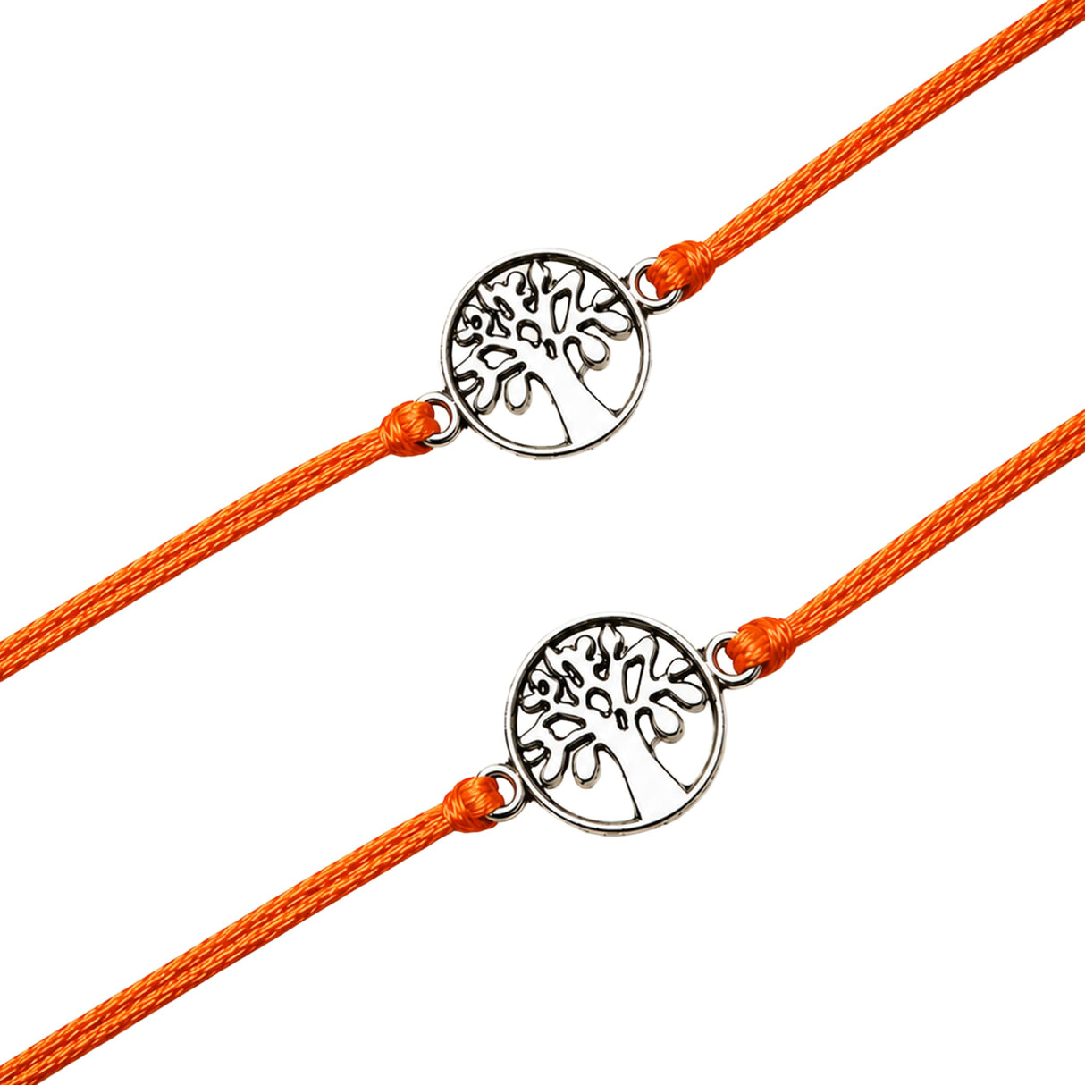 Orange cord rakhi bracelet featuring silver-toned circular tree of life charm for brother and bhabhi gift