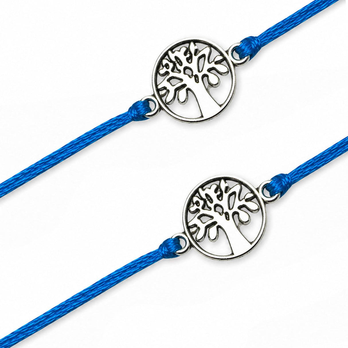 Silver tree of life charm on vibrant blue cord bracelet for traditional raksha bandhan gift for brother and bhabhi
