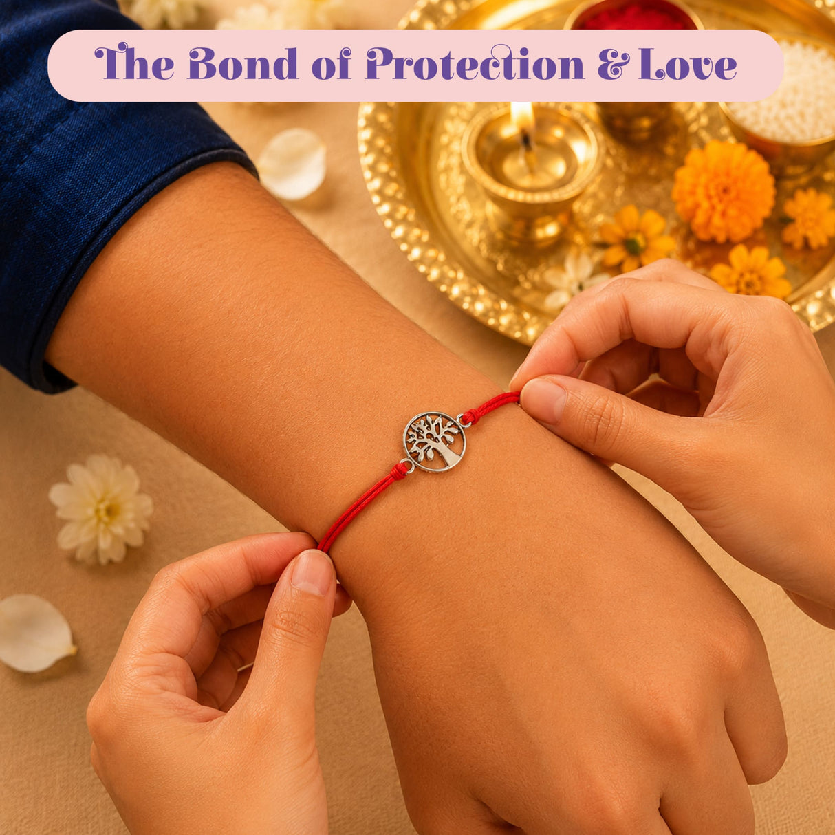 A silver tree of life charm on a vibrant red cord rakhi bracelet being gently adjusted on an arm for raksha bandhan