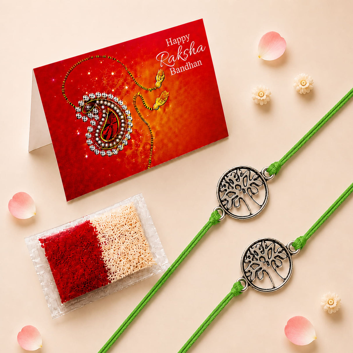 Two green cord rakhis with silver tree of life charms for brother and bhabhi traditional protection jewelry gift