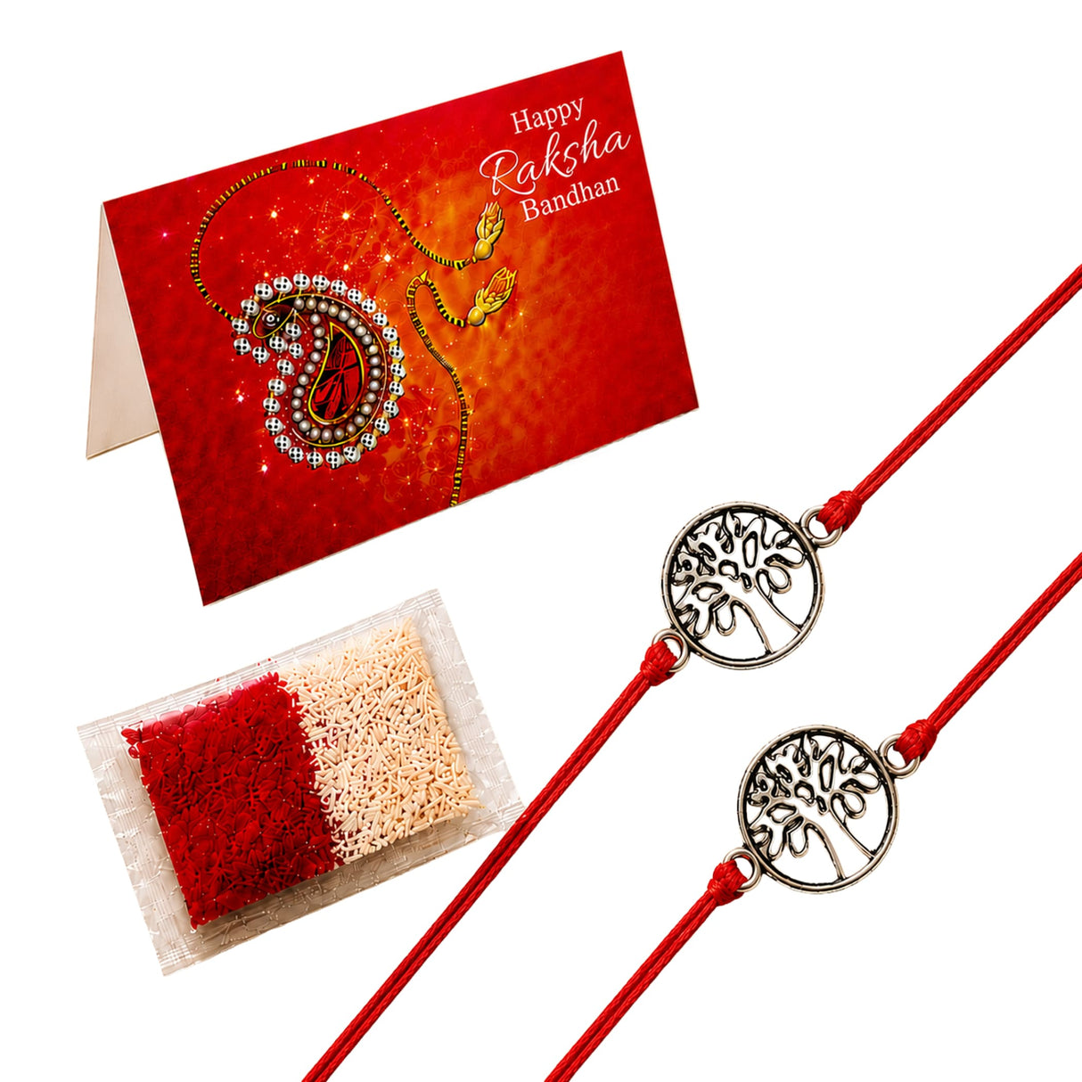 Red cord rakhi with silver tree of life charm for brother and bhabhi traditional protection and good luck jewelry gift
