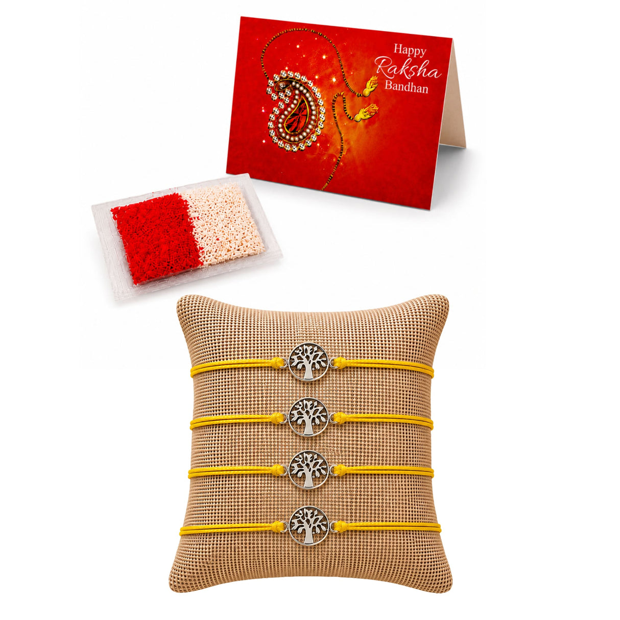 Set of four yellow cord bracelets featuring silver-toned tree of life charms for Raksha Bandhan gift protection