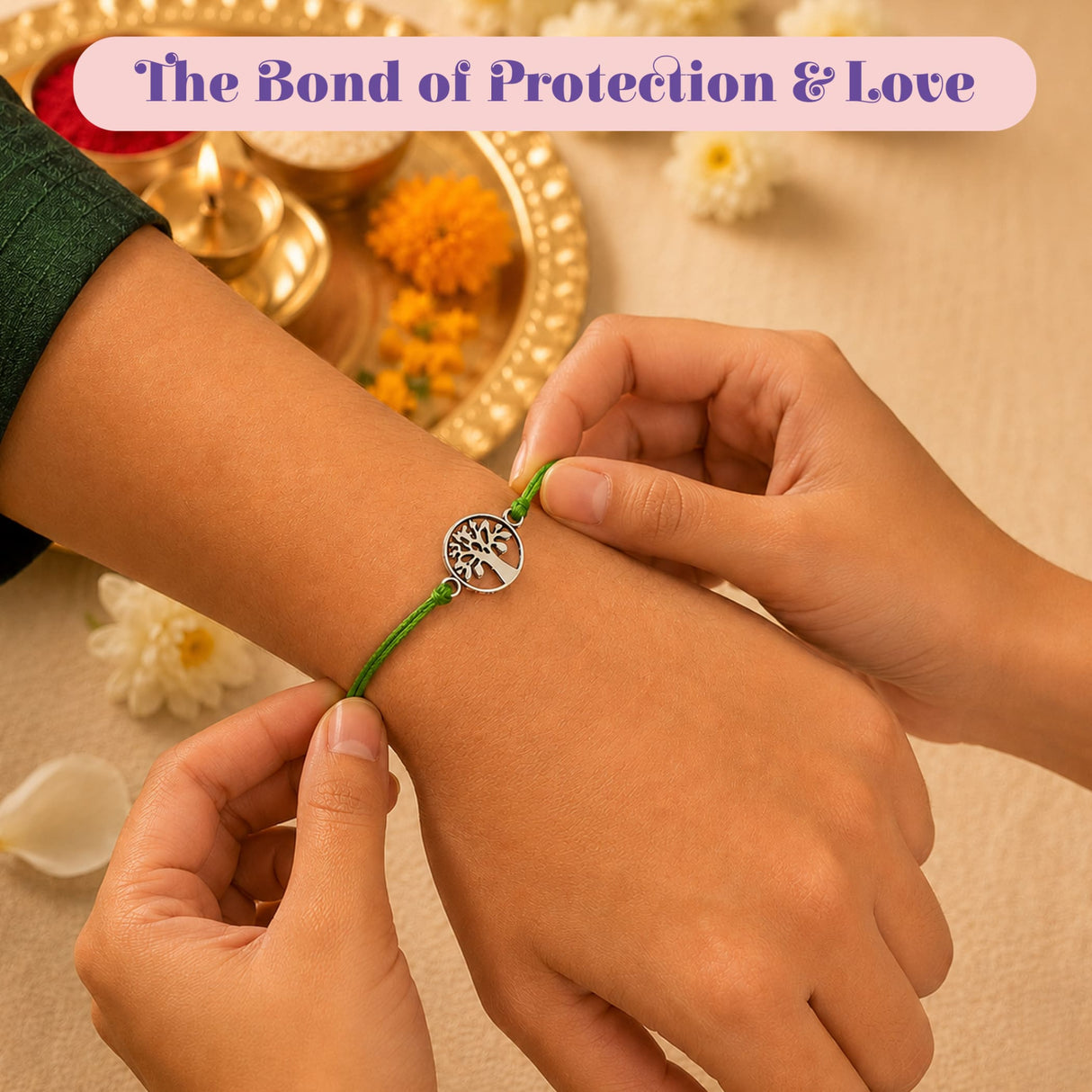 Green cord bracelet with silver tree of life charm for raksha bandhan protection and good luck gift set of 4