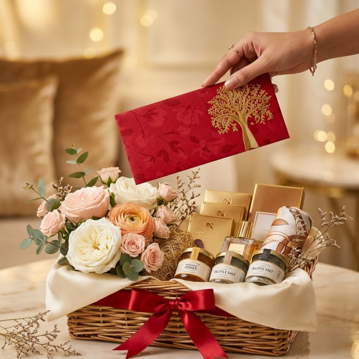 Red decorative money envelope with gold tree of life pattern for indian wedding birthday cash gift holder