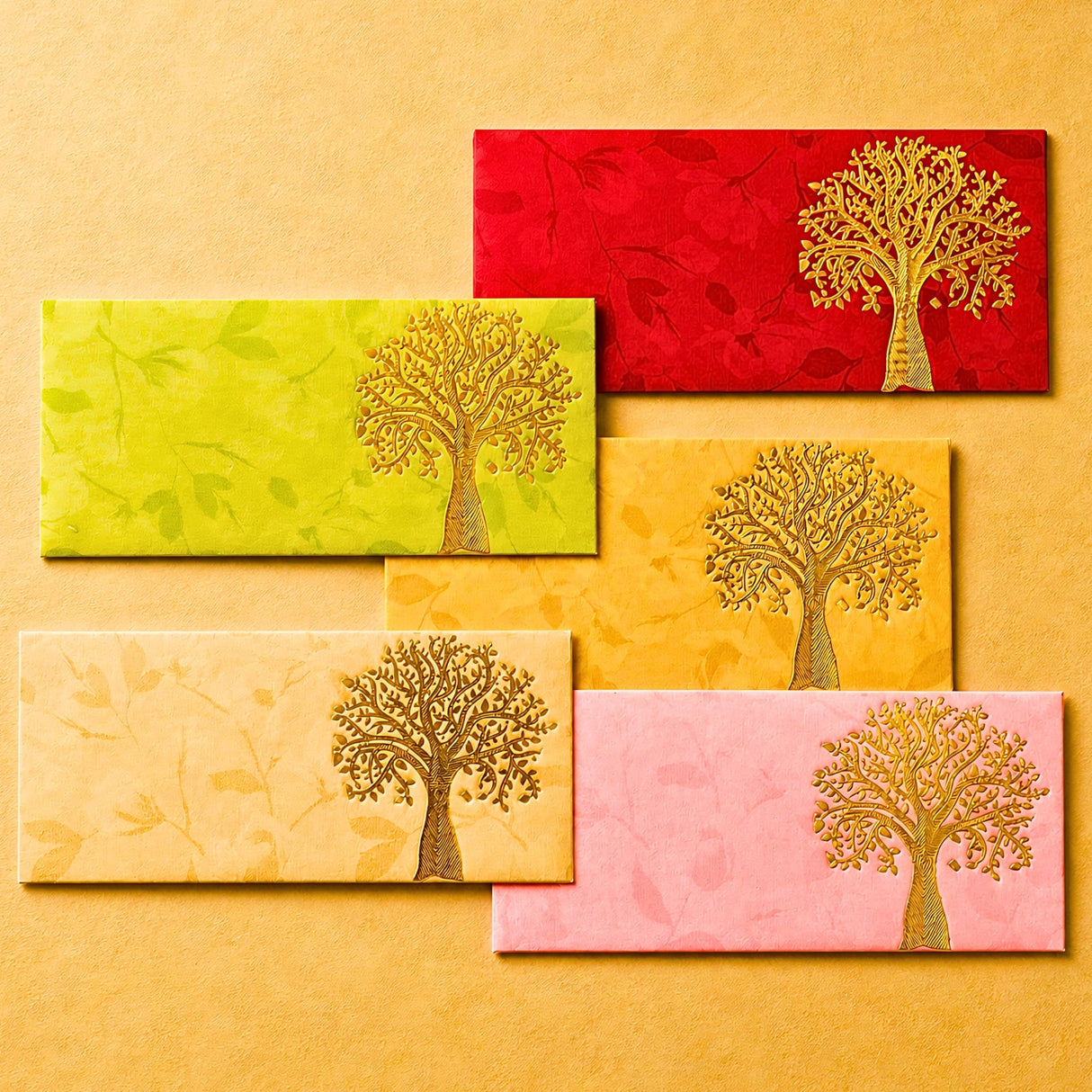 Set of five colorful textured money envelopes with embossed golden tree of life design for Indian wedding and gifting