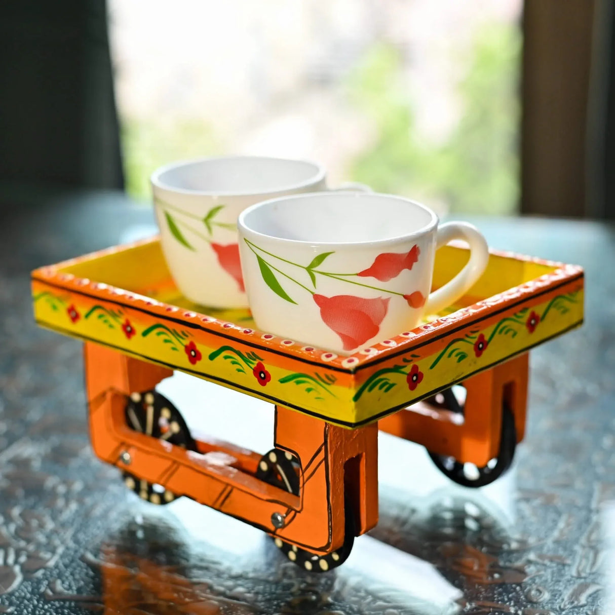 Wooden Trolley with Wheels Hand Painted Serving Tray Indian Decorative Platter for Snack Tea Home Kitchen Restaurant Table Decor Great Gift Idea - LoveNspire