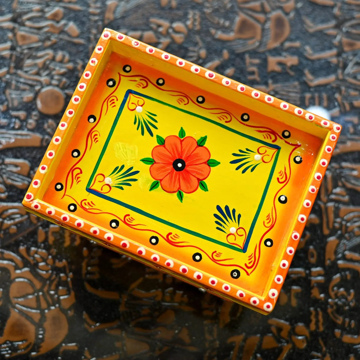 Wooden Trolley with Wheels Hand Painted Serving Tray Indian Decorative Platter for Snack Tea Home Kitchen Restaurant Table Decor Great Gift Idea - LoveNspire