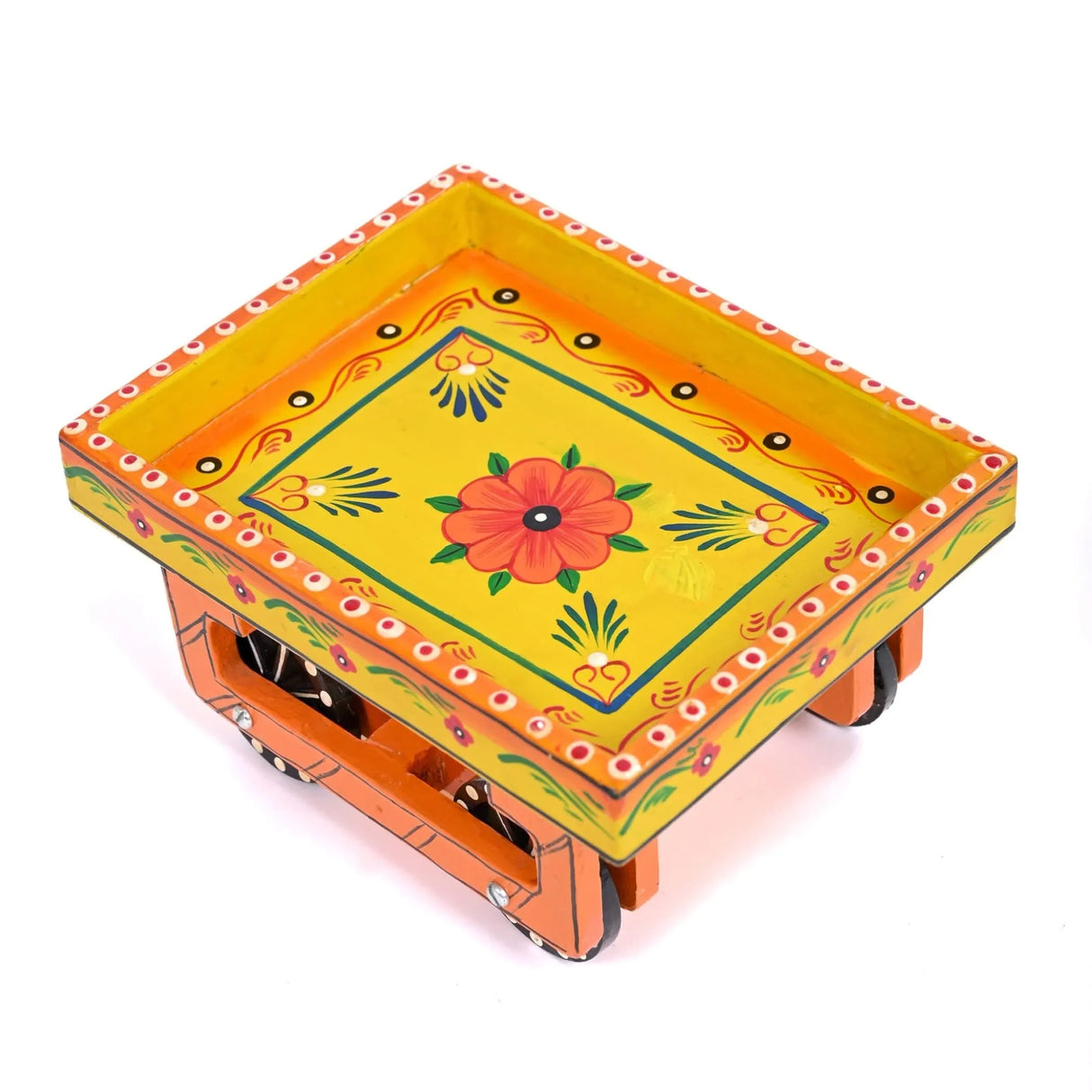 Wooden Trolley with Wheels Hand Painted Serving Tray Indian Decorative Platter for Snack Tea Home Kitchen Restaurant Table Decor Great Gift Idea - LoveNspire