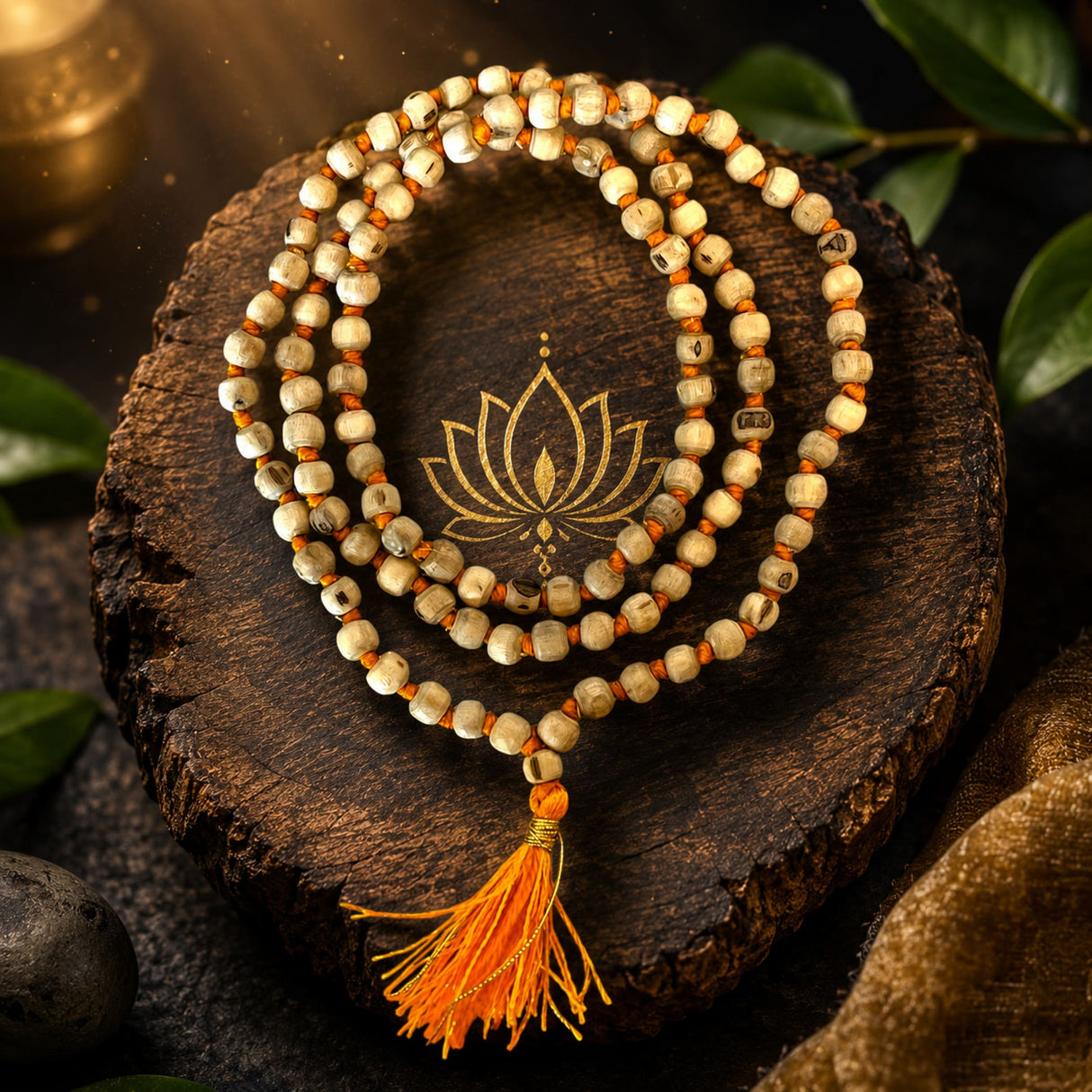 Tulsi holy basil japa mala necklace with cream wooden beads and orange tassel for meditation and hindu spiritual practice