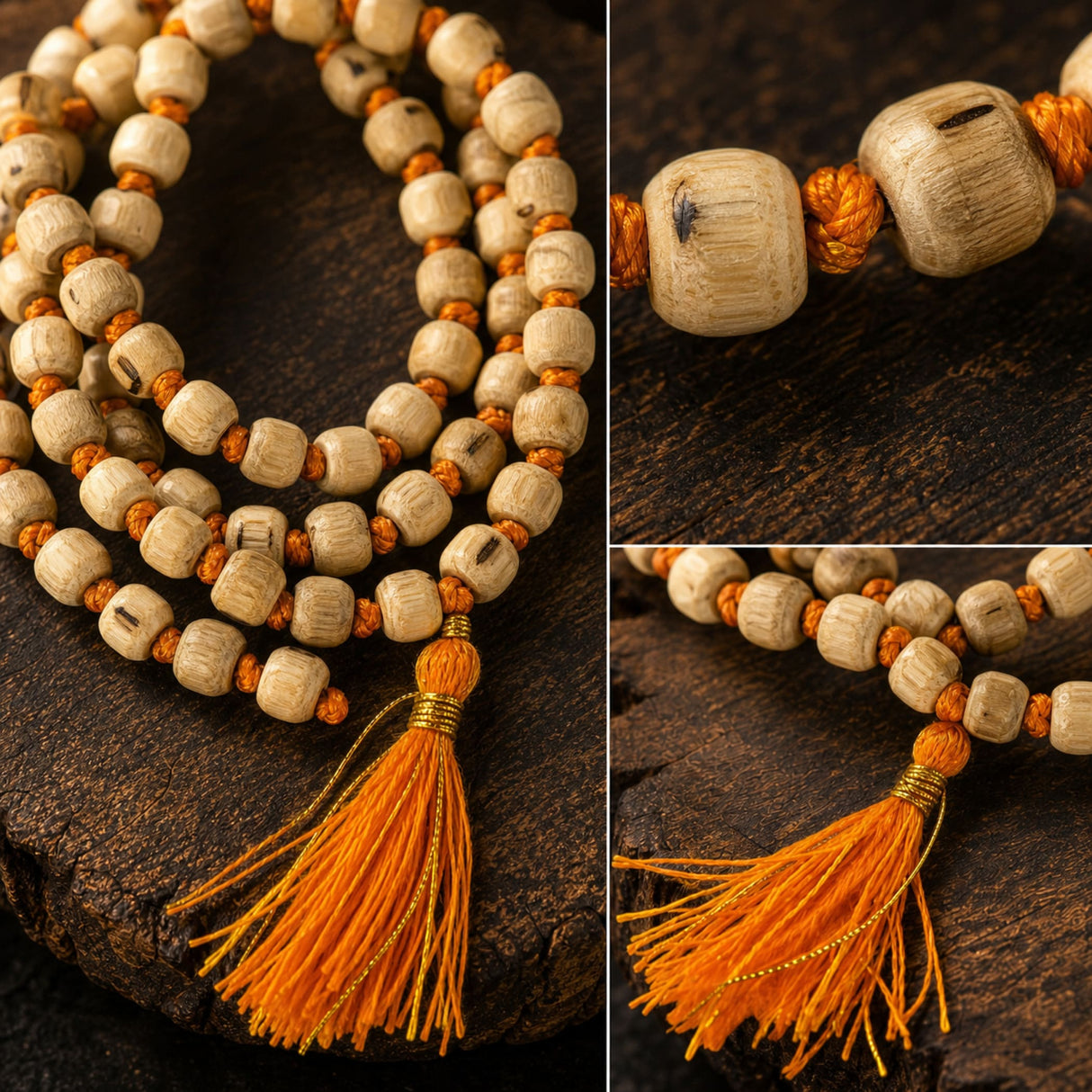 A natural-toned wooden bead mala with orange cord and tassel for tulsi holy basil japa meditation and spiritual practice