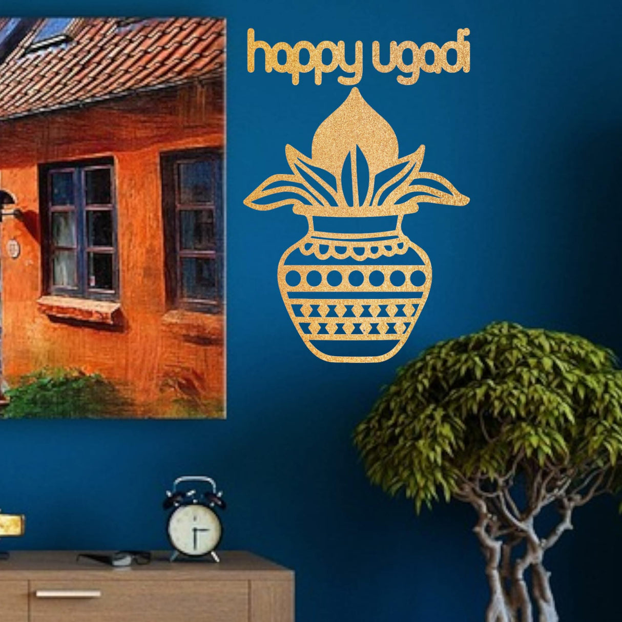 Ugadi Wall Decor Mangal Kalash Happy Ugadi Text Sticker Decorative Cutout Diy Indian Backdrop Traditional Telugu New Year Wall Decor Puja Mandir Ugadi Celebration Spiritual Gift - LoveNspire