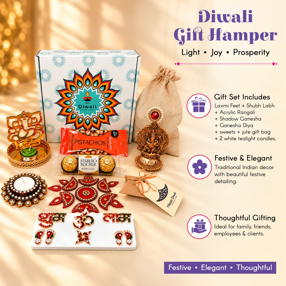 Golden ornate ganesh diya with red gemstone centerpiece in ultimate diwali gift hamper for festival celebration